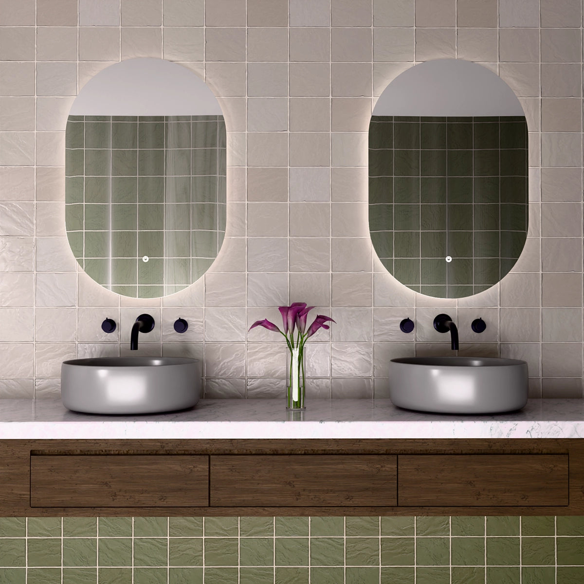 24"×36" Oval Frameless LED Backlit Mirror, Single-Touch Dimmer/Defogger, 3CCT 12V SAA/CE Certified, 45° Wall-Mounted