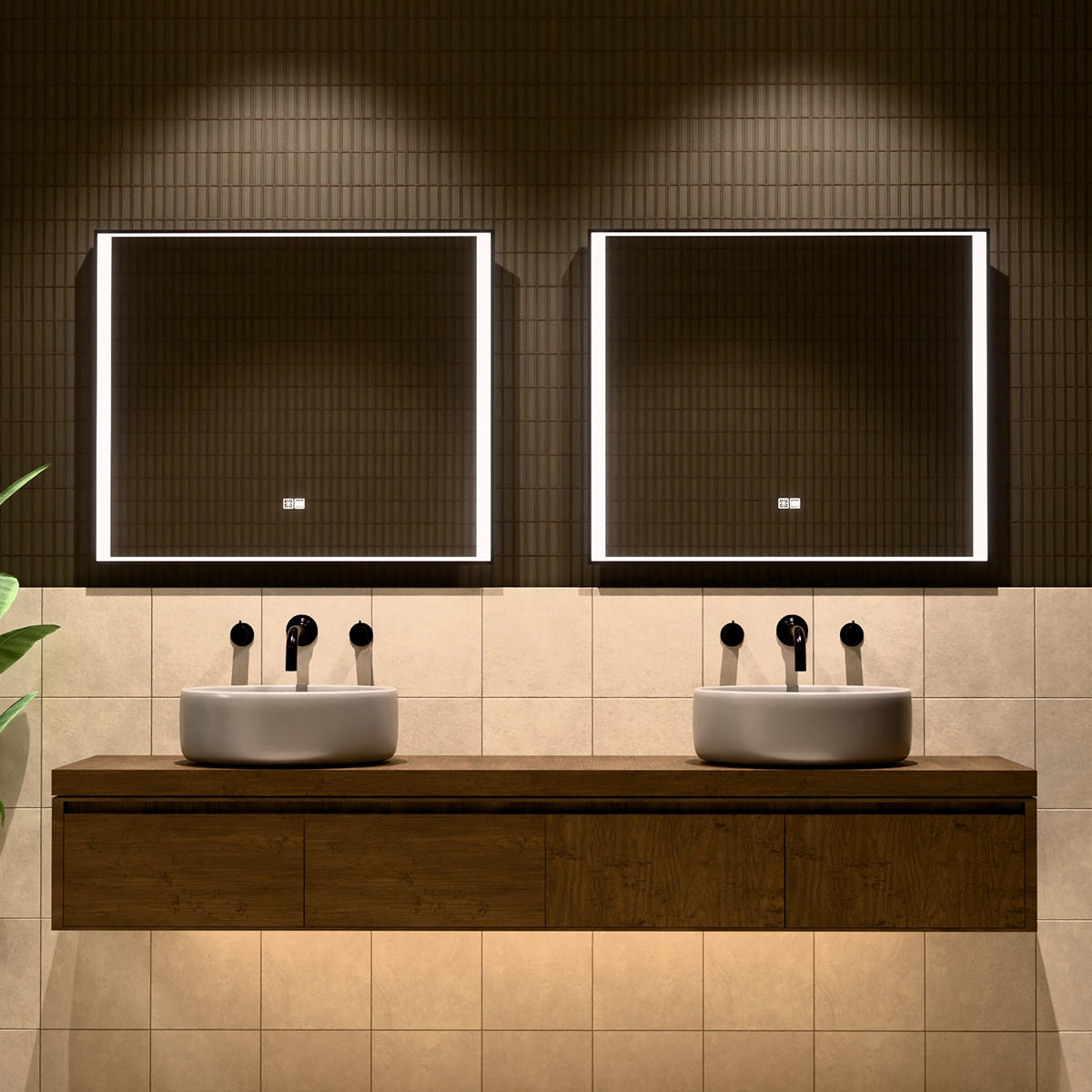 36"×30" Rectangular LED Mirror with Dual-Touch Dimmer & Defogger, Brushed-Aluminum Frame, 3CCT Front-Lit, 45° Wall-Mounted