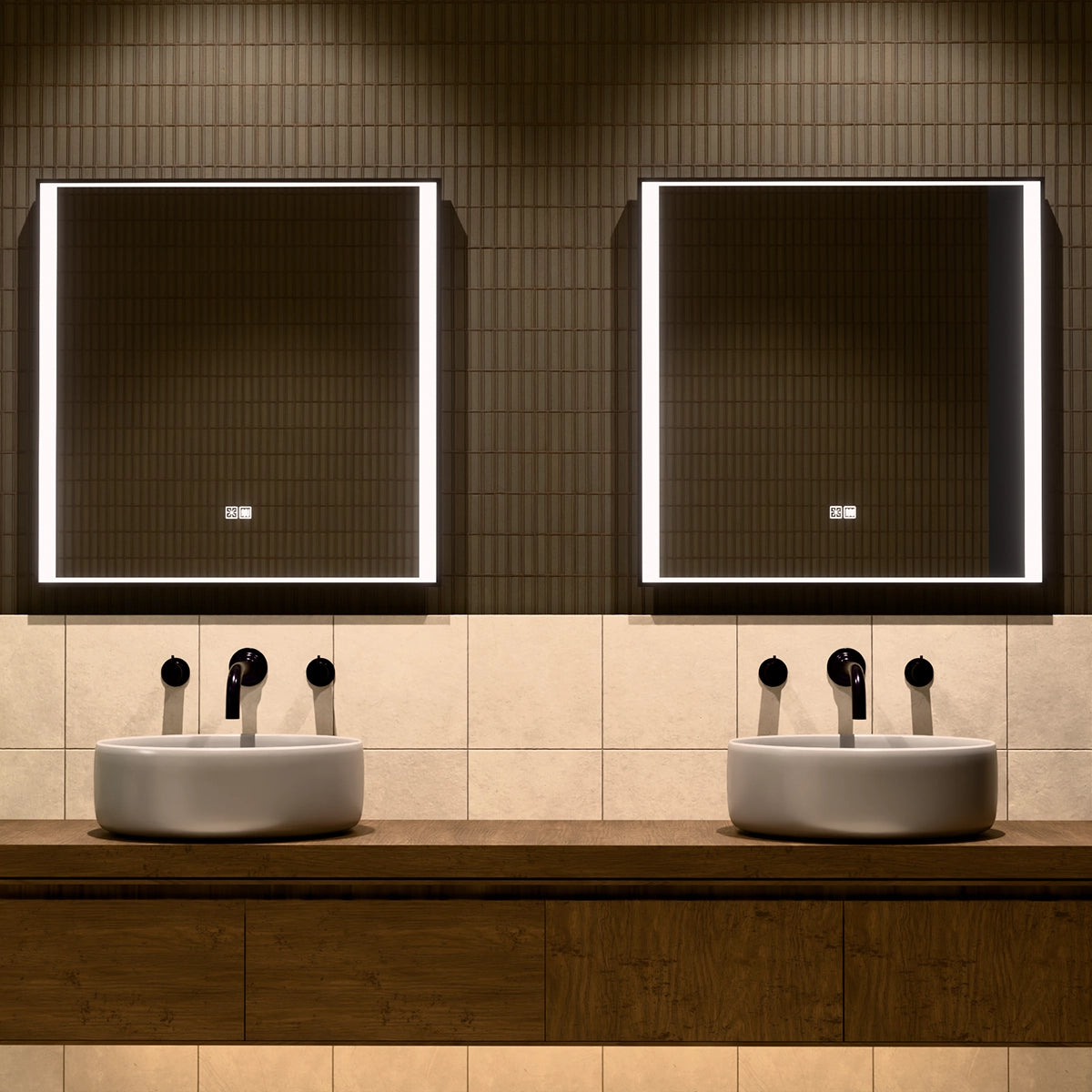 30"×30" Rectangular LED Mirror with Dual-Touch Dimmer & Defogger, Brushed-Aluminum Frame, 3CCT Front-Lit, 45° Wall-Mounted