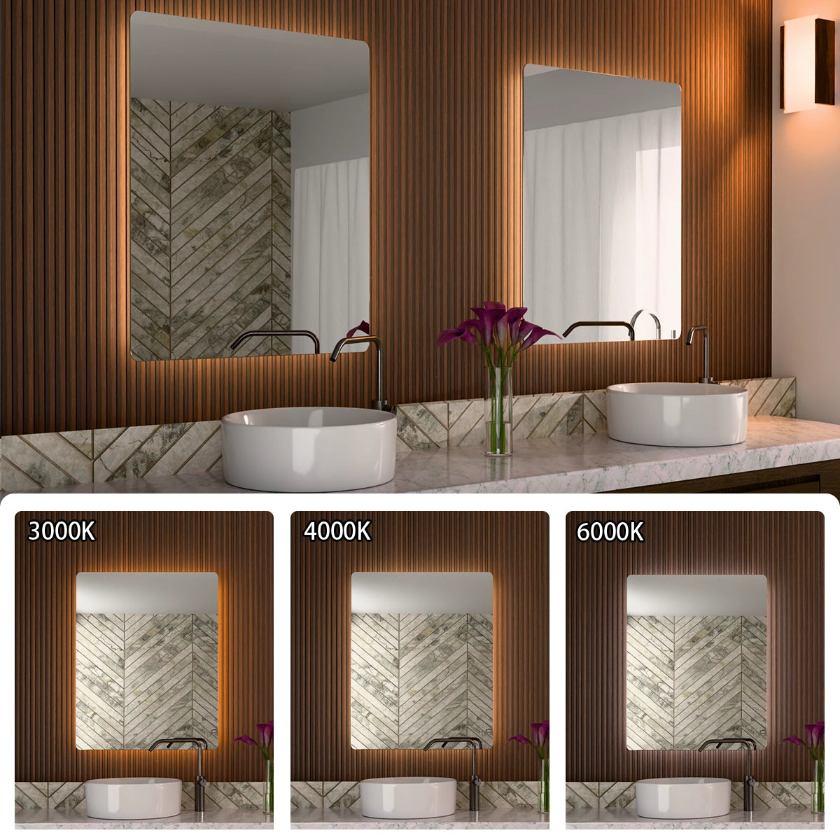 24"× 30" Frameless LED Backlit Mirror Single-Touch Dimmer Switch & Defogger 45° Wall-Mounted