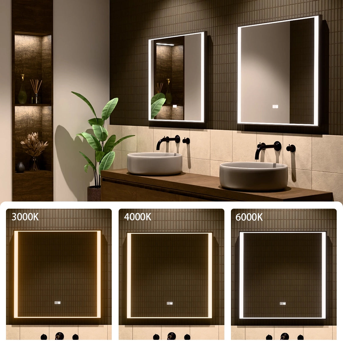 30"×30" Rectangular LED Mirror with Dual-Touch Dimmer & Defogger, Brushed-Aluminum Frame, 3CCT Front-Lit, 45° Wall-Mounted