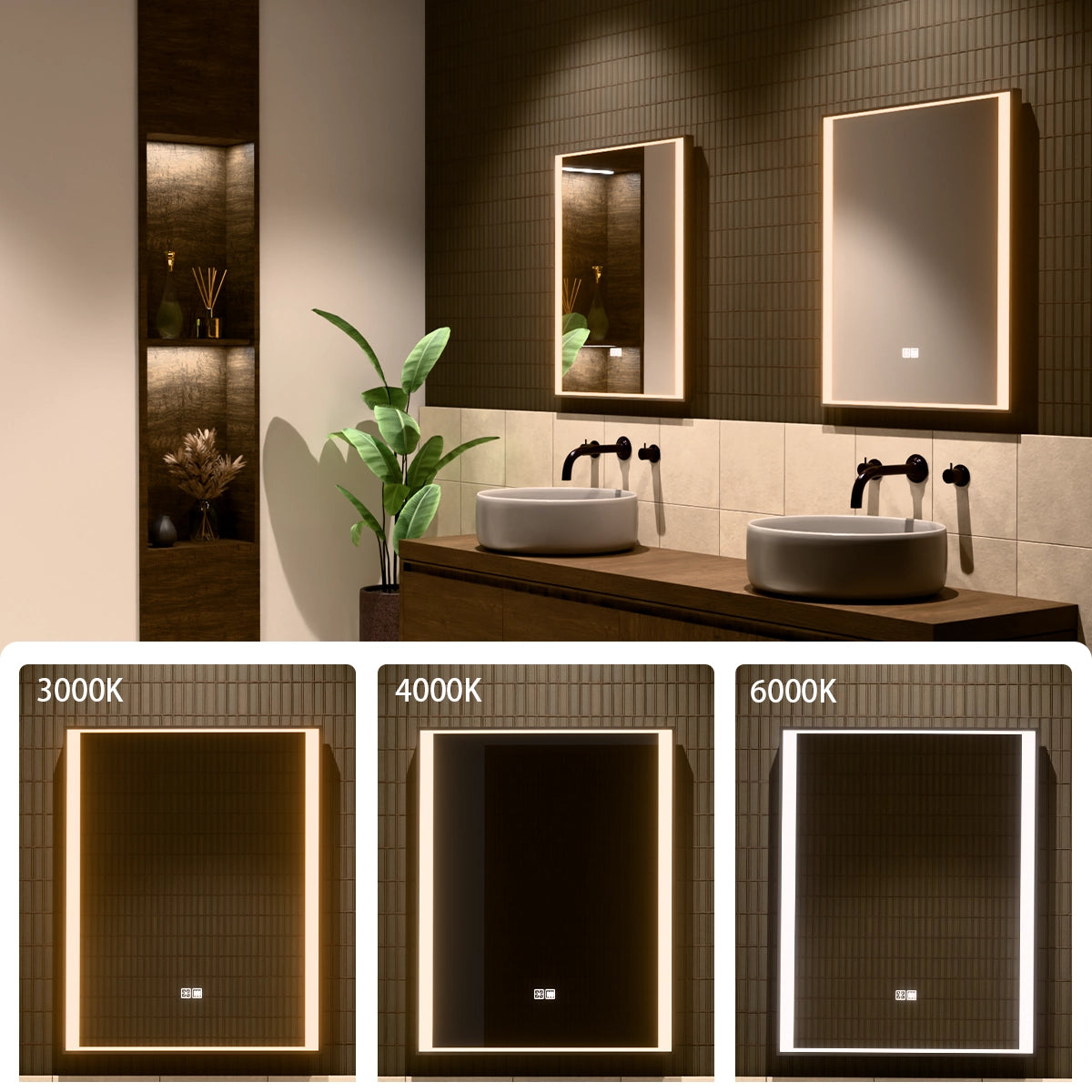 24"×30" Rectangular LED Mirror with Dual-Touch Dimmer & Defogger, Brushed-Aluminum Frame, 3CCT Front-Lit, 45° Wall-Mounted