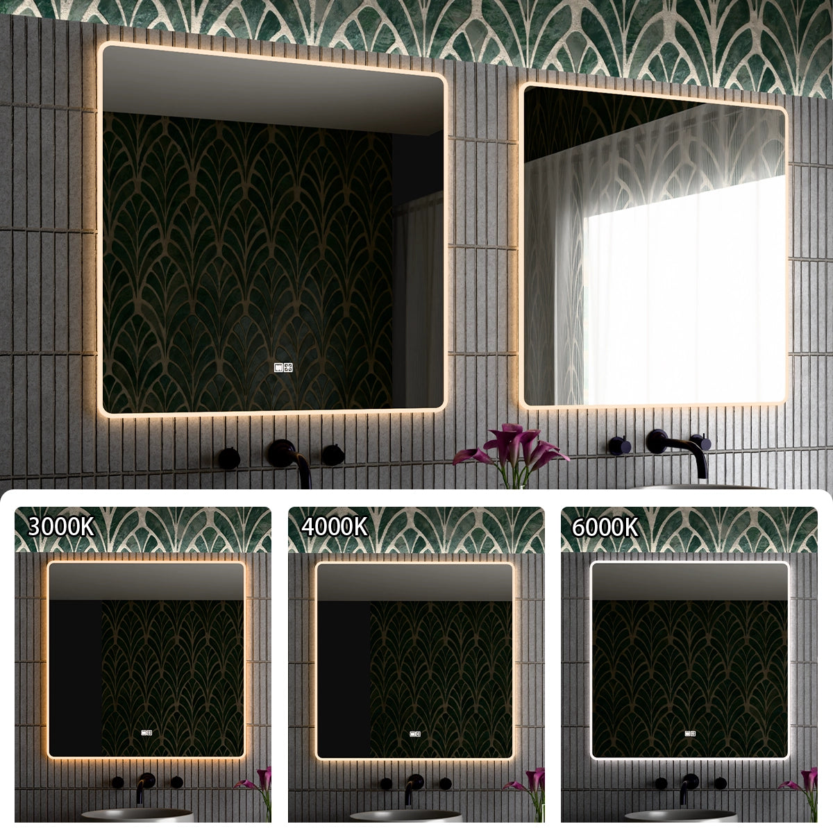 36"×36" Square LED Mirror, Dual-Touch Dimmer & Defogger, 3CCT Back+Front Lit, 45° Wall-Mounted