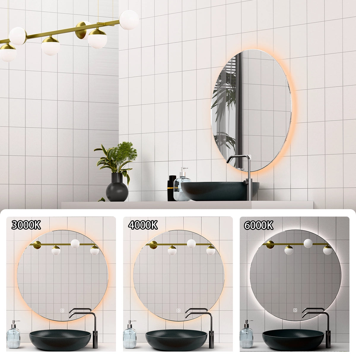 Φ32" Frameless LED Backlit Round Mirror Single-Touch Dimmer Switch & Defogger 45° Wall-Mounted