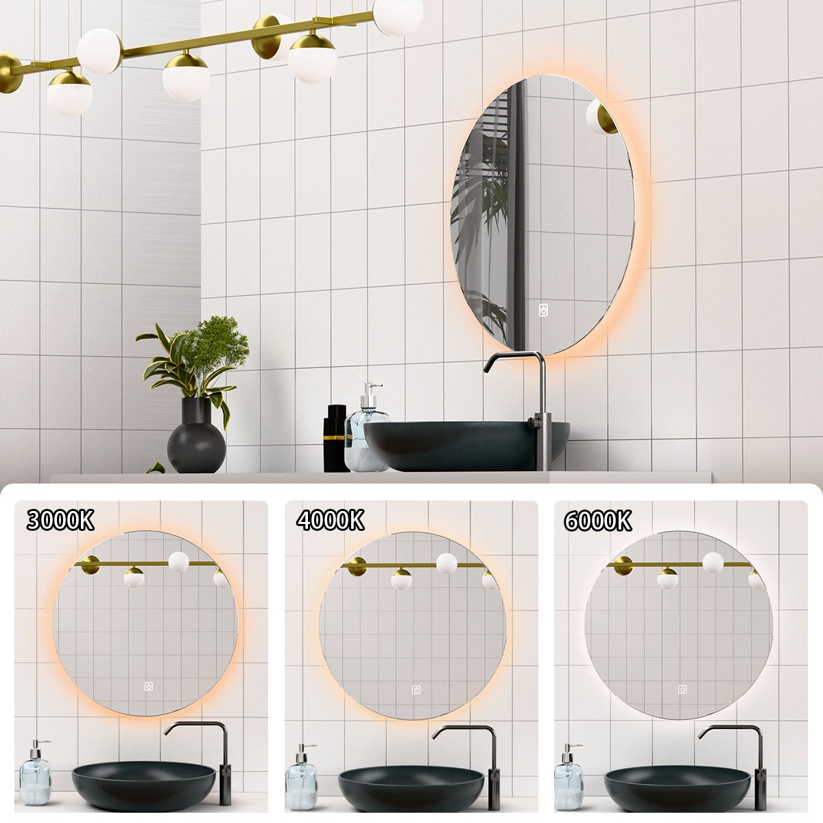 Φ24" Frameless LED Backlit Round Mirror Single-Touch Dimmer Switch & Defogger 45° Wall-Mounted