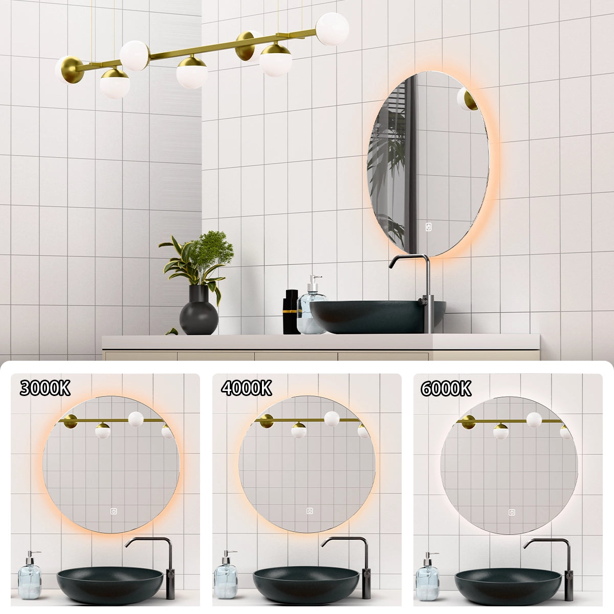 Φ28" Frameless LED Backlit Round Mirror Single-Touch Dimmer Switch & Defogger 45° Wall-Mounted