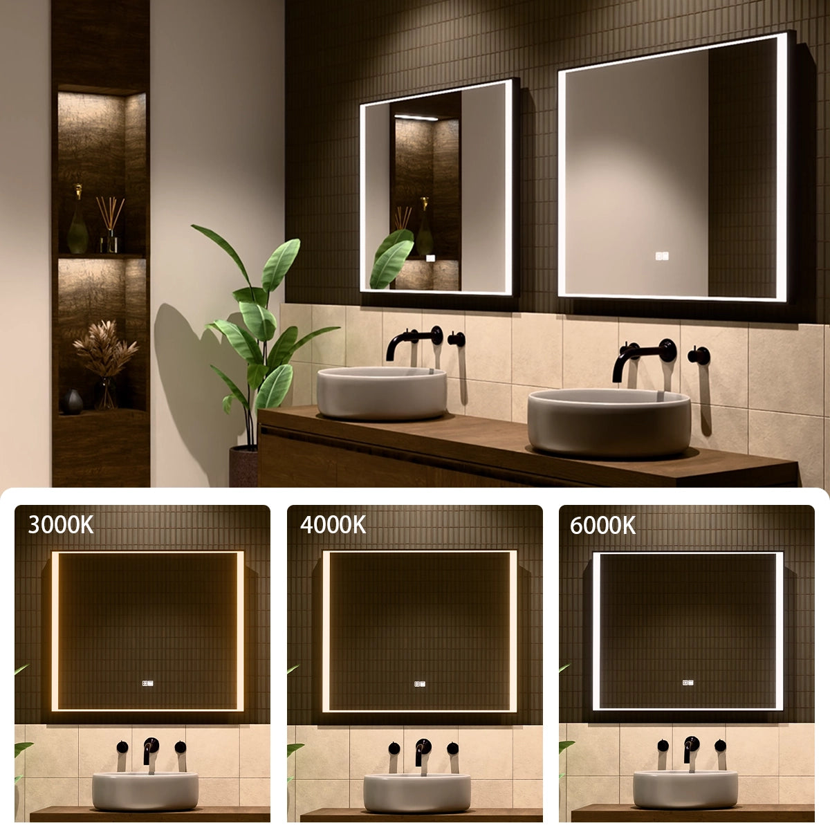 36"×30" Rectangular LED Mirror with Dual-Touch Dimmer & Defogger, Brushed-Aluminum Frame, 3CCT Front-Lit, 45° Wall-Mounted