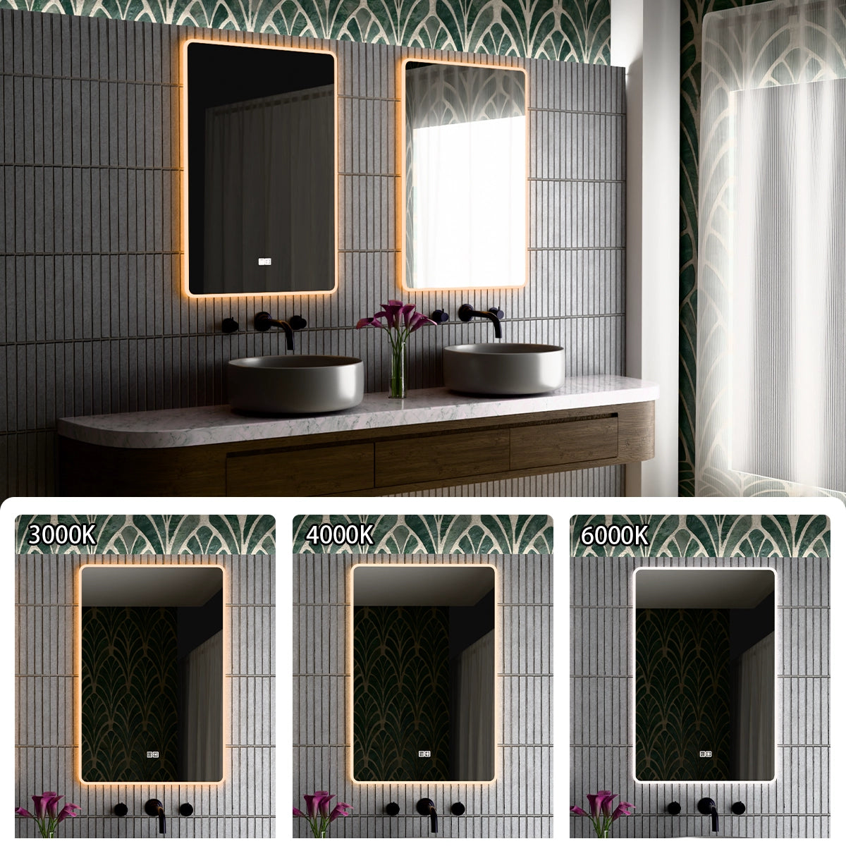 24"×36" Vertical Rectangle LED Mirror, Dual-Touch Dimmer & Defogger, 3CCT Back & Front Lit, 45° Wall-Mounted