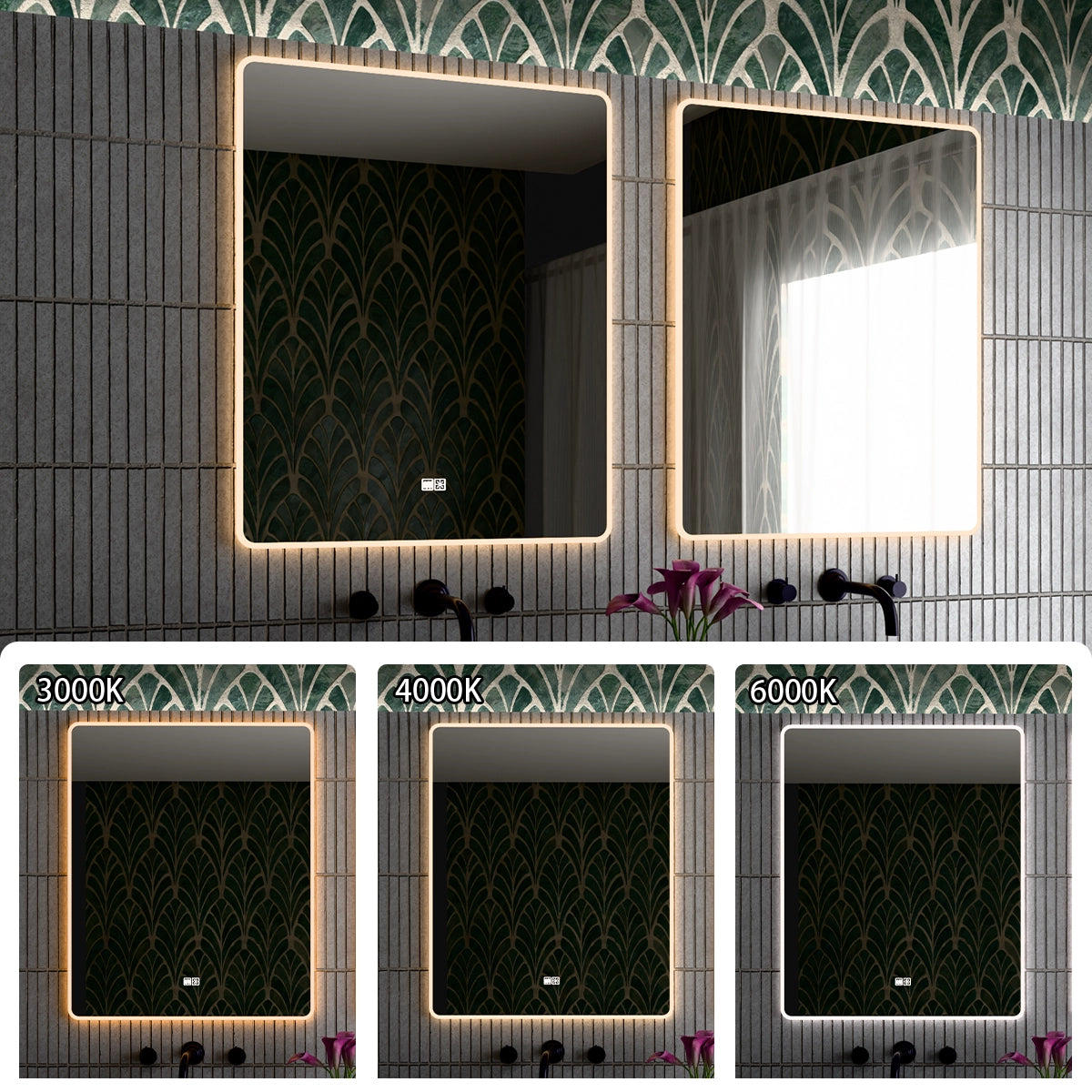 30"×36" Vertical Rectangle LED Mirror, Dual-Touch Dimmer & Defogger, 3CCT Back & Front Lit, 45° Wall-Mounted