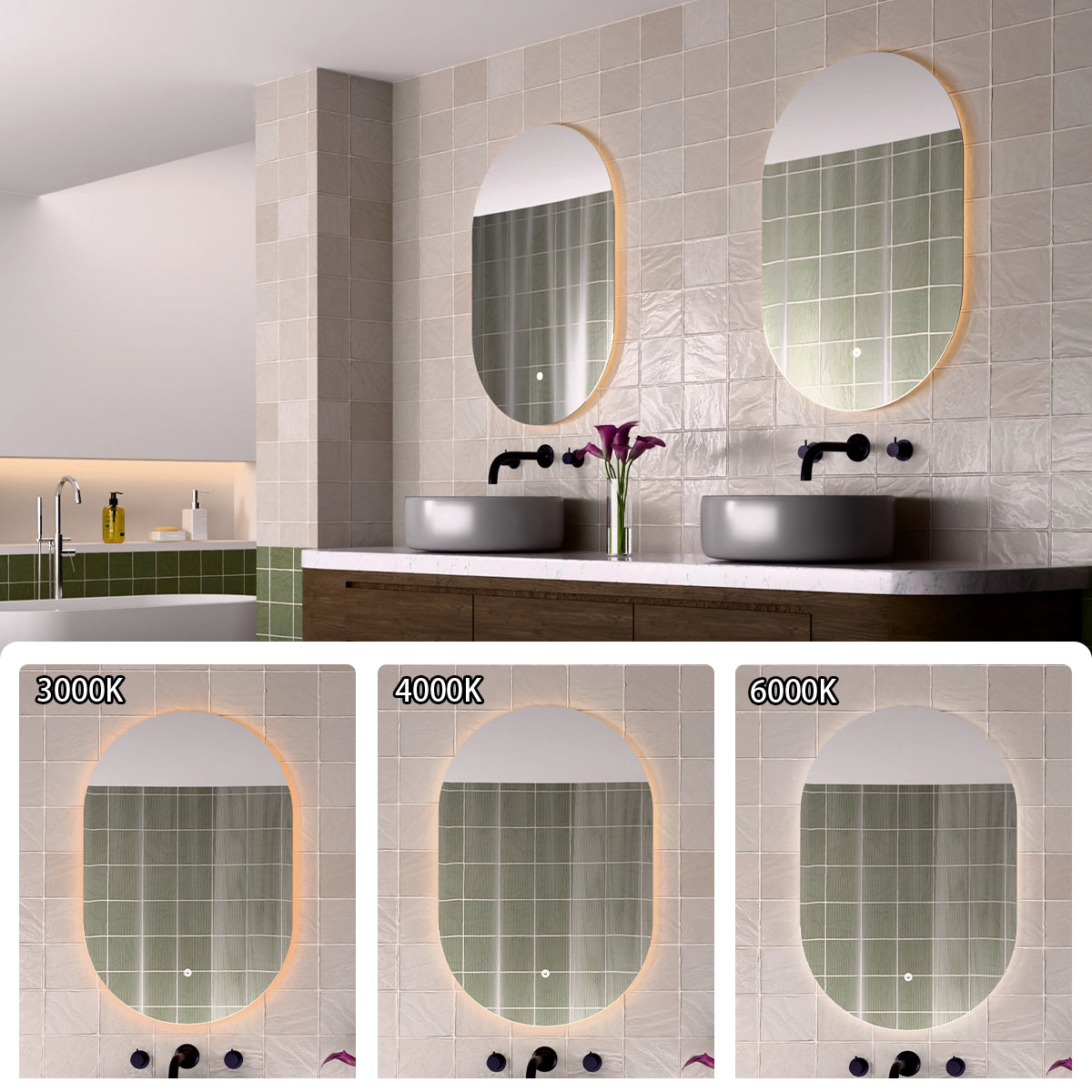 24"×36" Oval Frameless LED Backlit Mirror, Single-Touch Dimmer/Defogger, 3CCT 12V SAA/CE Certified, 45° Wall-Mounted