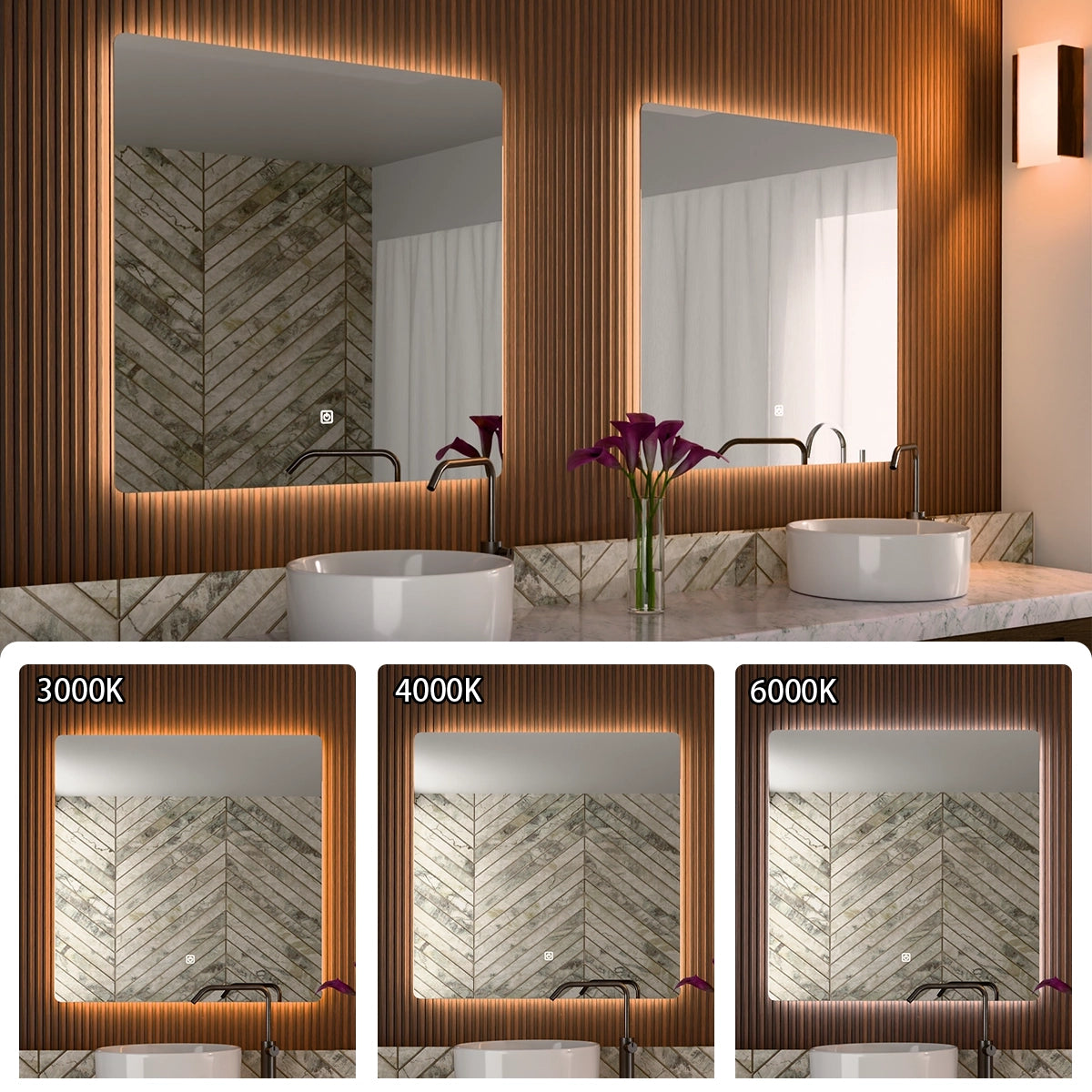 30"× 30" Frameless LED Backlit Mirror Single-Touch Dimmer Switch & Defogger 45° Wall-Mounted