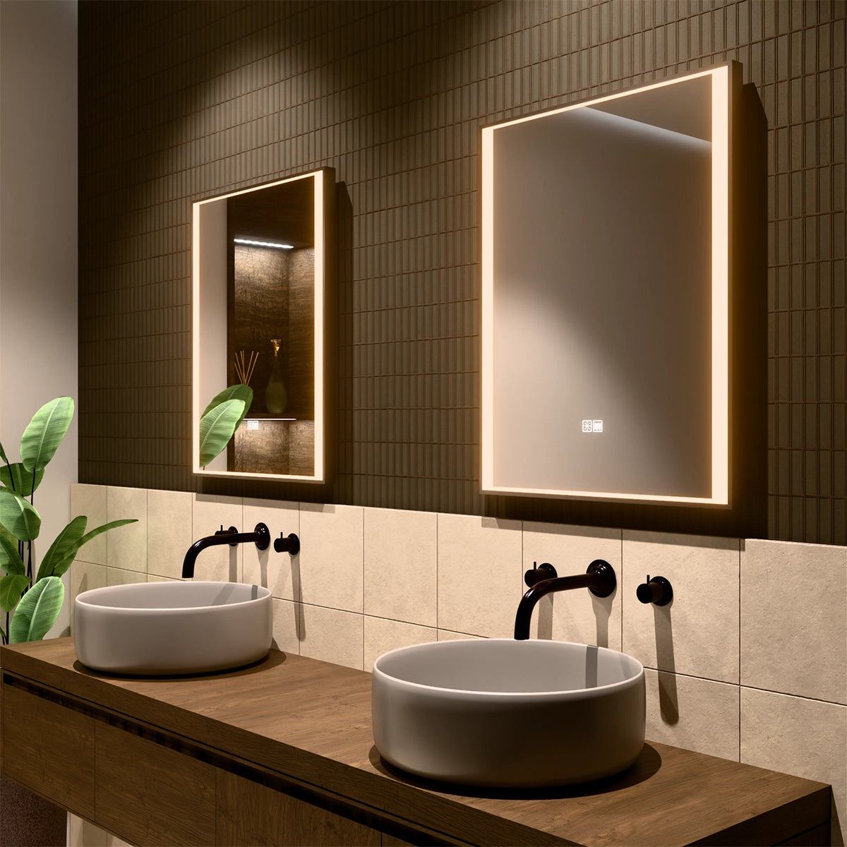 24"×30" Rectangular LED Mirror with Dual-Touch Dimmer & Defogger, Brushed-Aluminum Frame, 3CCT Front-Lit, 45° Wall-Mounted