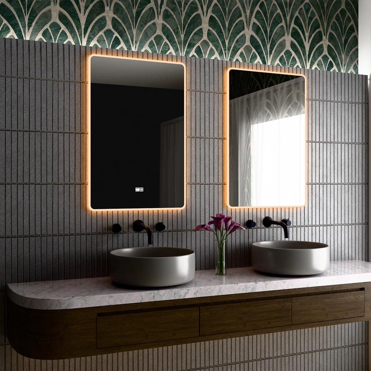 24"×36" Vertical Rectangle LED Mirror, Dual-Touch Dimmer & Defogger, 3CCT Back & Front Lit, 45° Wall-Mounted