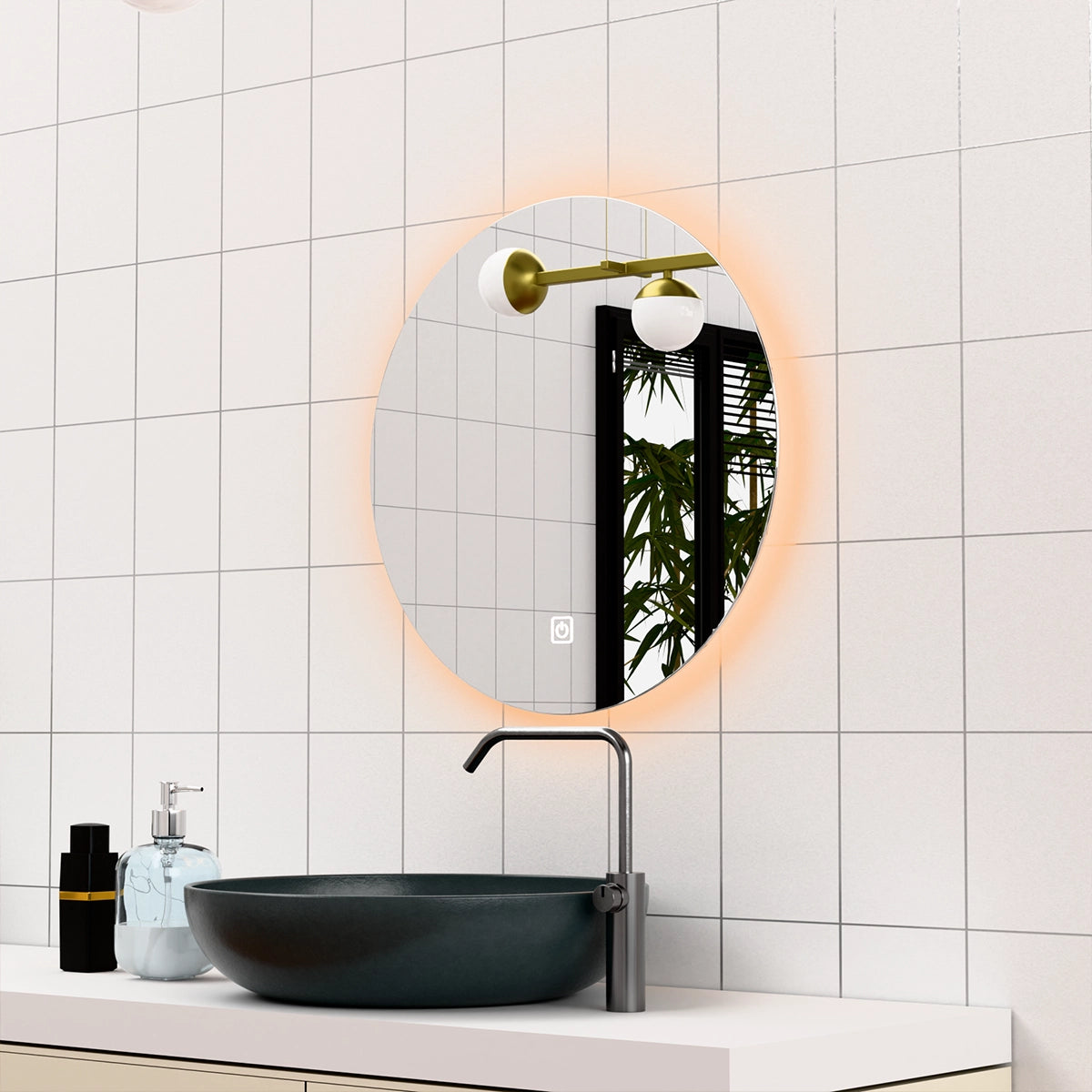 Φ24" Frameless LED Backlit Round Mirror Single-Touch Dimmer Switch & Defogger 45° Wall-Mounted