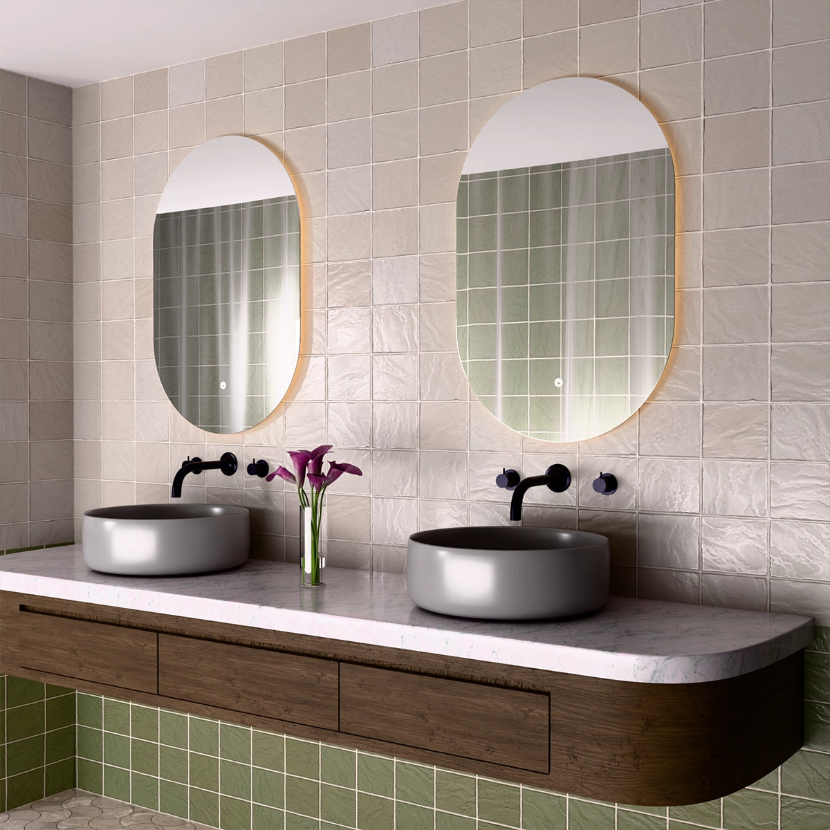 24"×36" Oval Frameless LED Backlit Mirror, Single-Touch Dimmer/Defogger, 3CCT 12V SAA/CE Certified, 45° Wall-Mounted