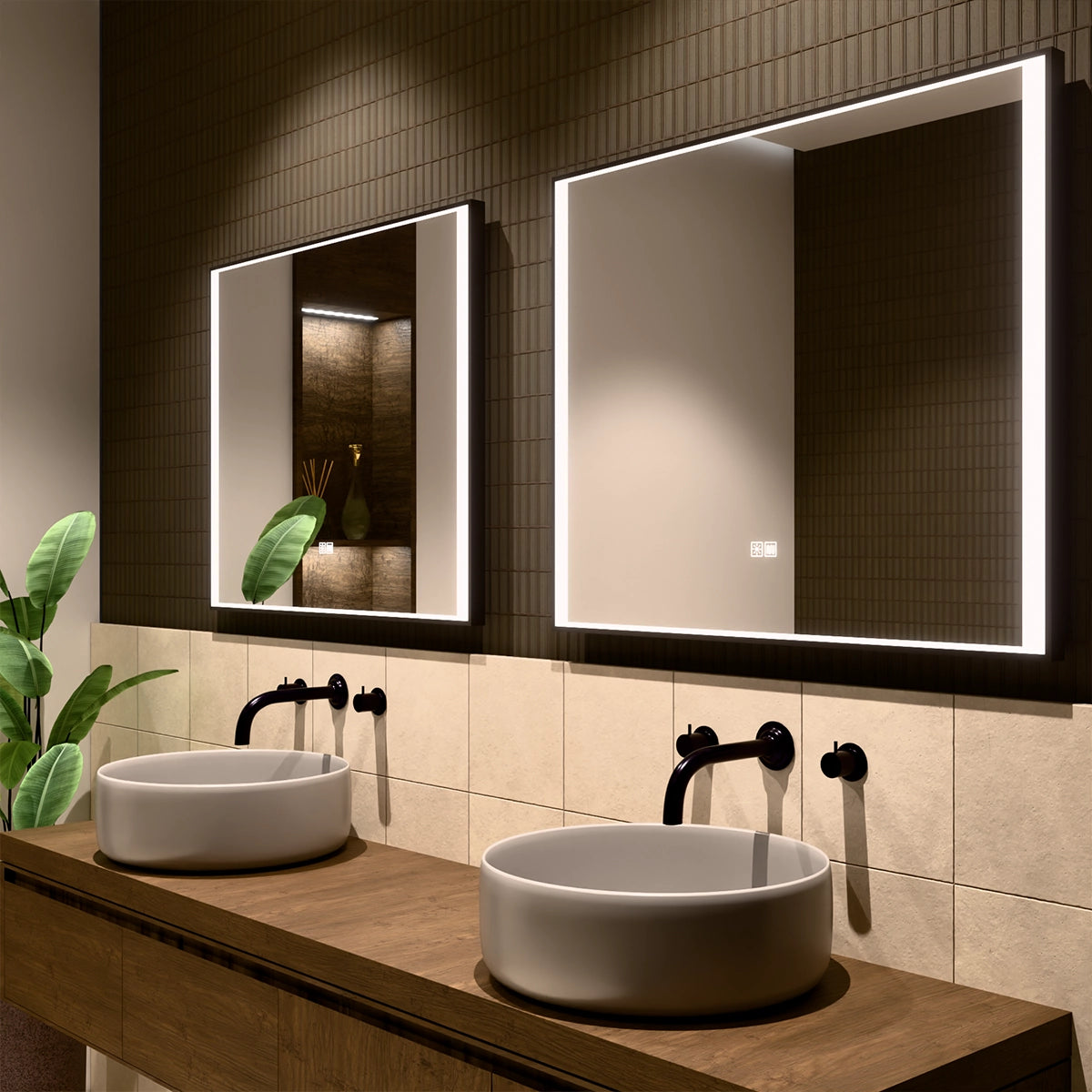 36"×30" Rectangular LED Mirror with Dual-Touch Dimmer & Defogger, Brushed-Aluminum Frame, 3CCT Front-Lit, 45° Wall-Mounted