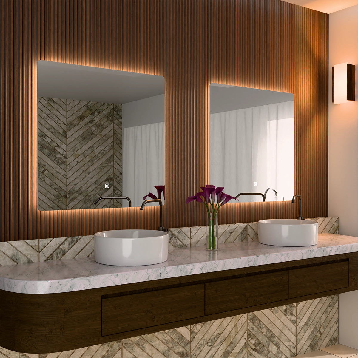 30"× 30" Frameless LED Backlit Mirror Single-Touch Dimmer Switch & Defogger 45° Wall-Mounted