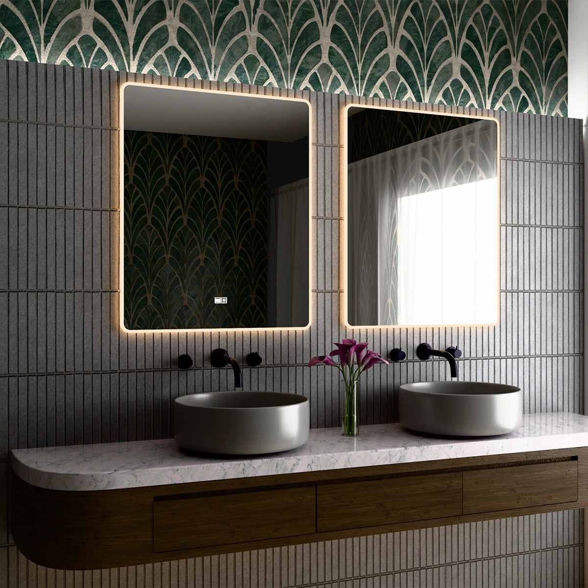 30"×36" Vertical Rectangle LED Mirror, Dual-Touch Dimmer & Defogger, 3CCT Back & Front Lit, 45° Wall-Mounted