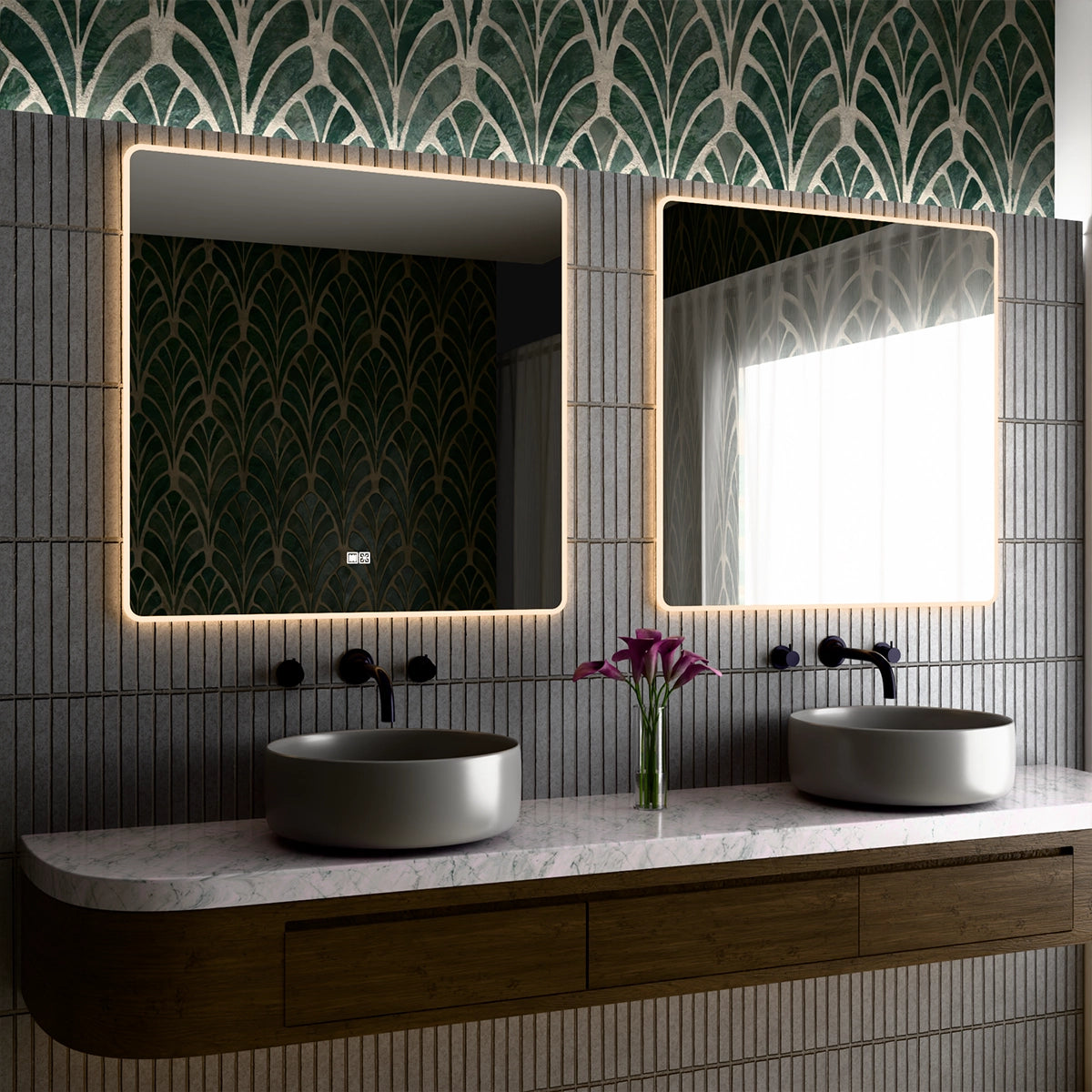 36"×36" Square LED Mirror, Dual-Touch Dimmer & Defogger, 3CCT Back+Front Lit, 45° Wall-Mounted