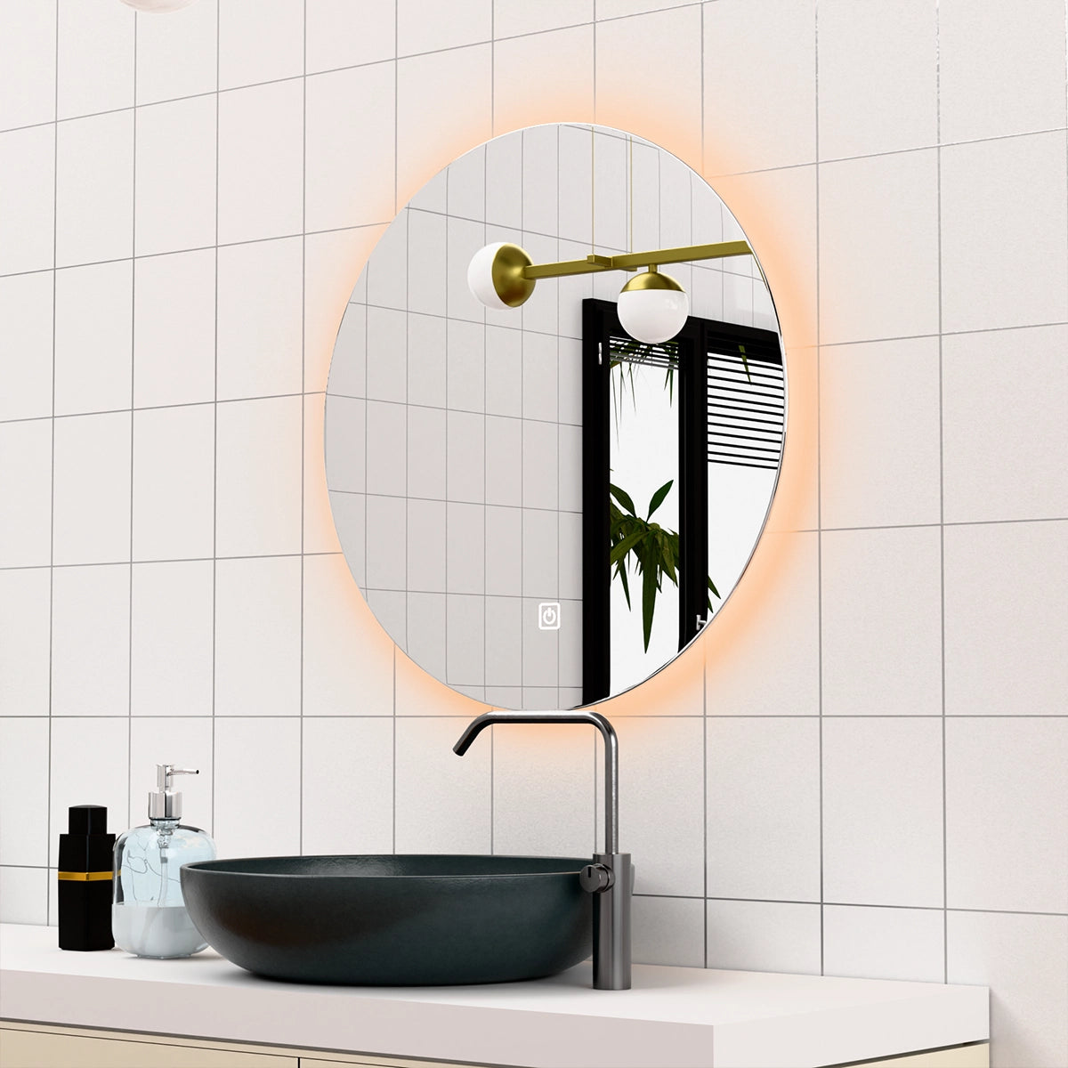 Φ28" Frameless LED Backlit Round Mirror Single-Touch Dimmer Switch & Defogger 45° Wall-Mounted