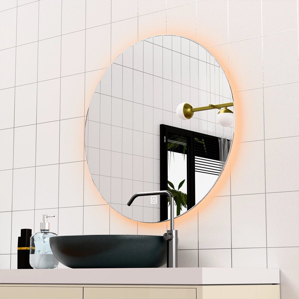 Φ32" Frameless LED Backlit Round Mirror Single-Touch Dimmer Switch & Defogger 45° Wall-Mounted