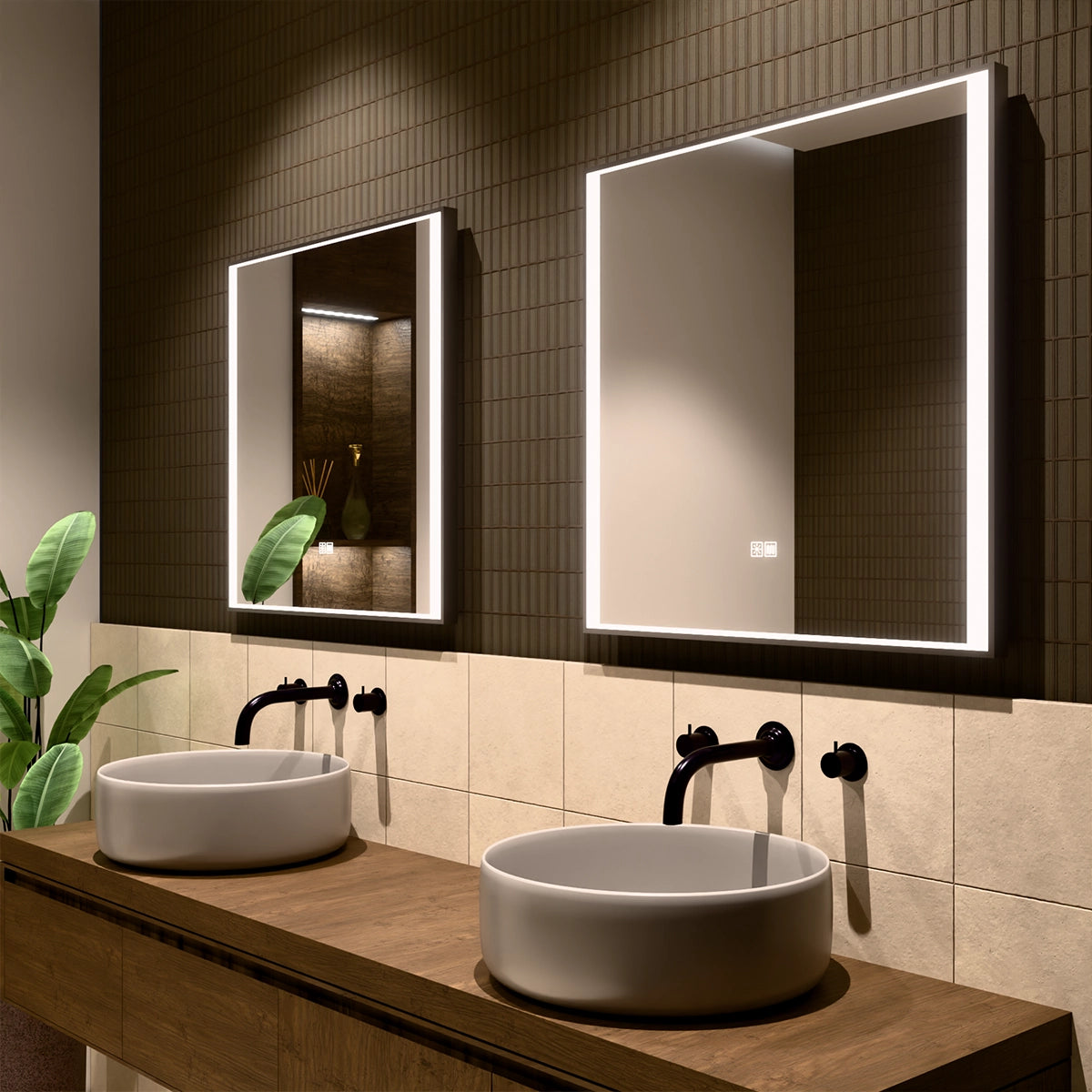 30"×30" Rectangular LED Mirror with Dual-Touch Dimmer & Defogger, Brushed-Aluminum Frame, 3CCT Front-Lit, 45° Wall-Mounted