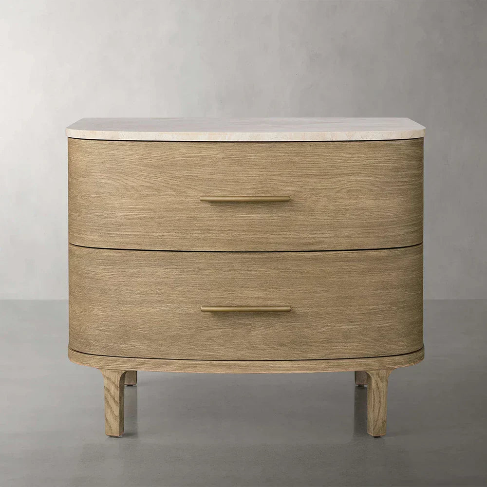 Danny Closed Nightstand Marble Top Bedside Table Brass Pulls Two-Drawer Chest