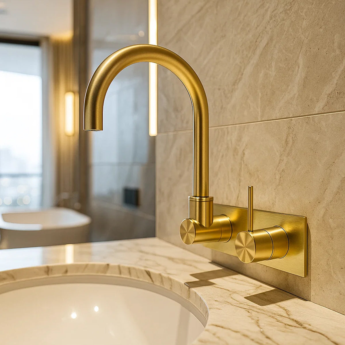 Mecca Wall Basin/Bath Mixer Swivel Spout Handle Up Brushed Gold