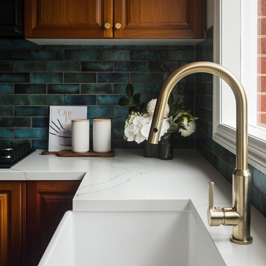 Pearl Pull Out Sink Mixer With Vegie Spray Function Brushed Gold