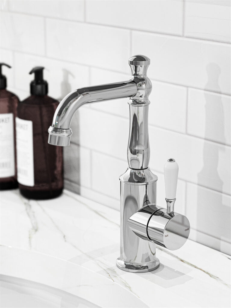 York Basin Mixer With White Porcelain Lever Chrome