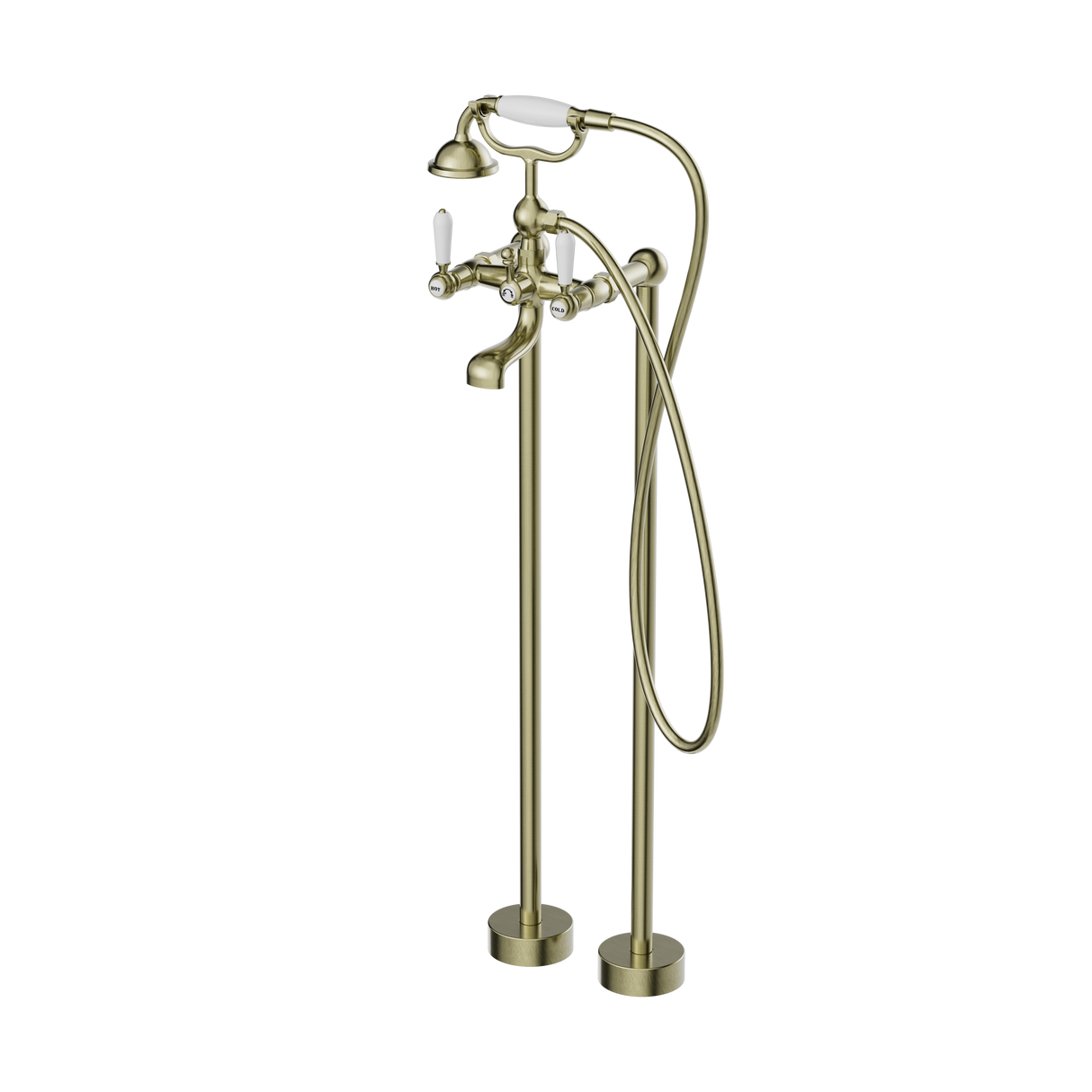 York Freestanding Bath Set With White Porcelain Hand Shower Aged Brass