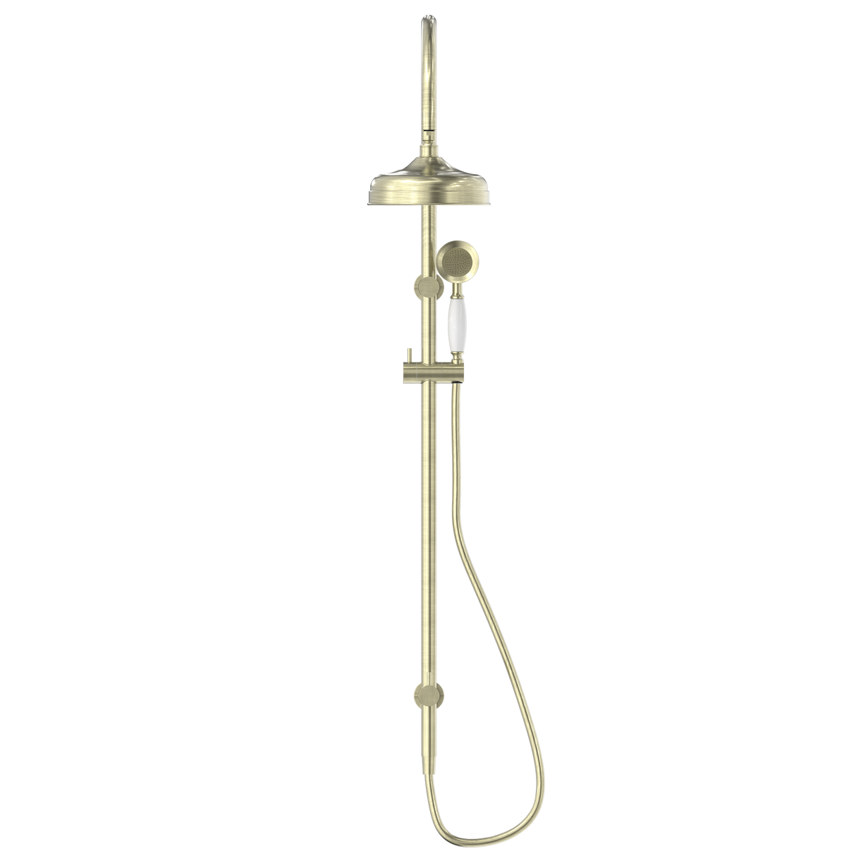 York Twin Shower With White Porcelain Hand Shower Aged Brass