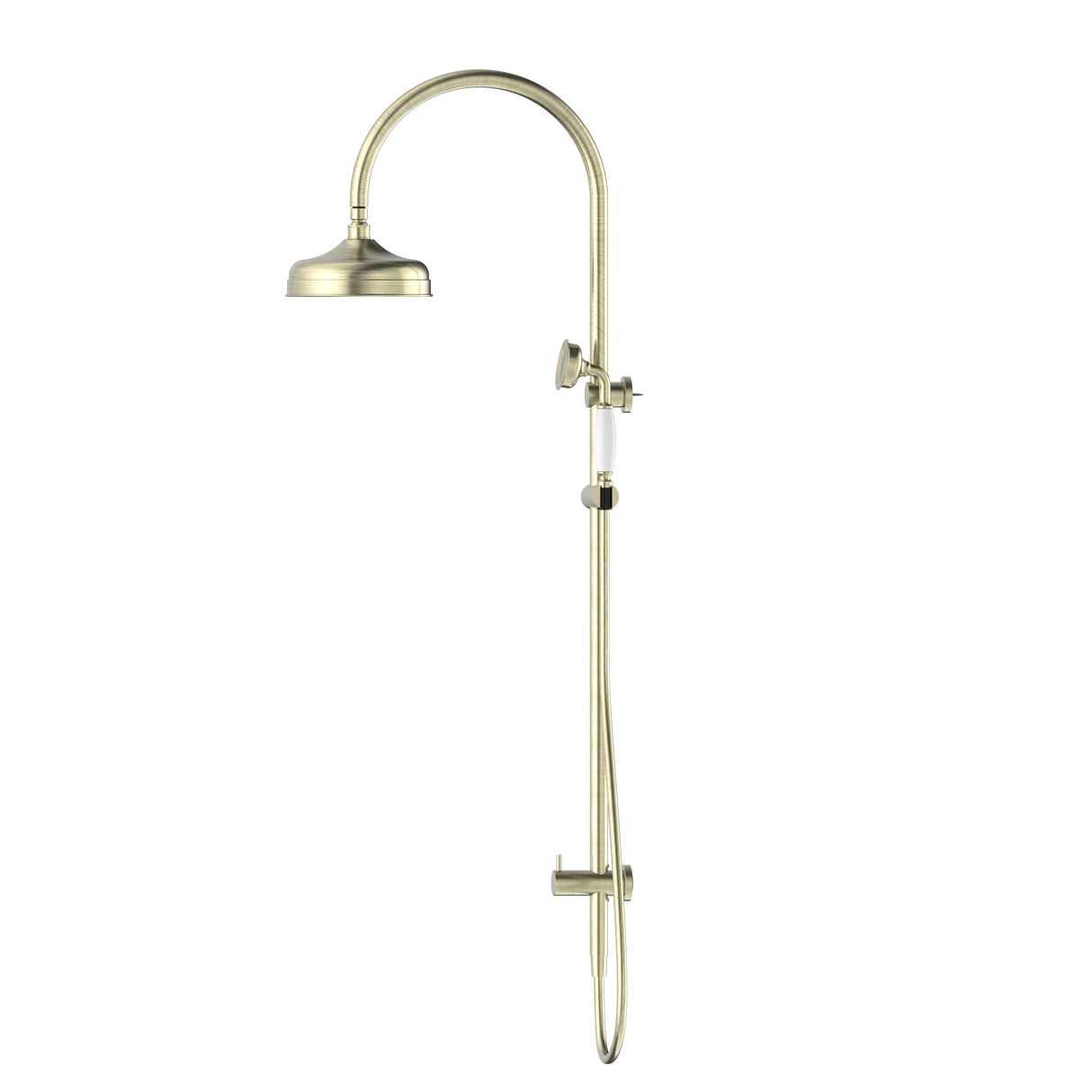 York Twin Shower With White Porcelain Hand Shower Aged Brass