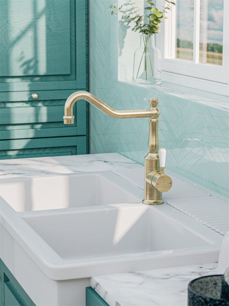 York Kitchen Mixer Hook Spout With White Porcelain Lever Aged Brass