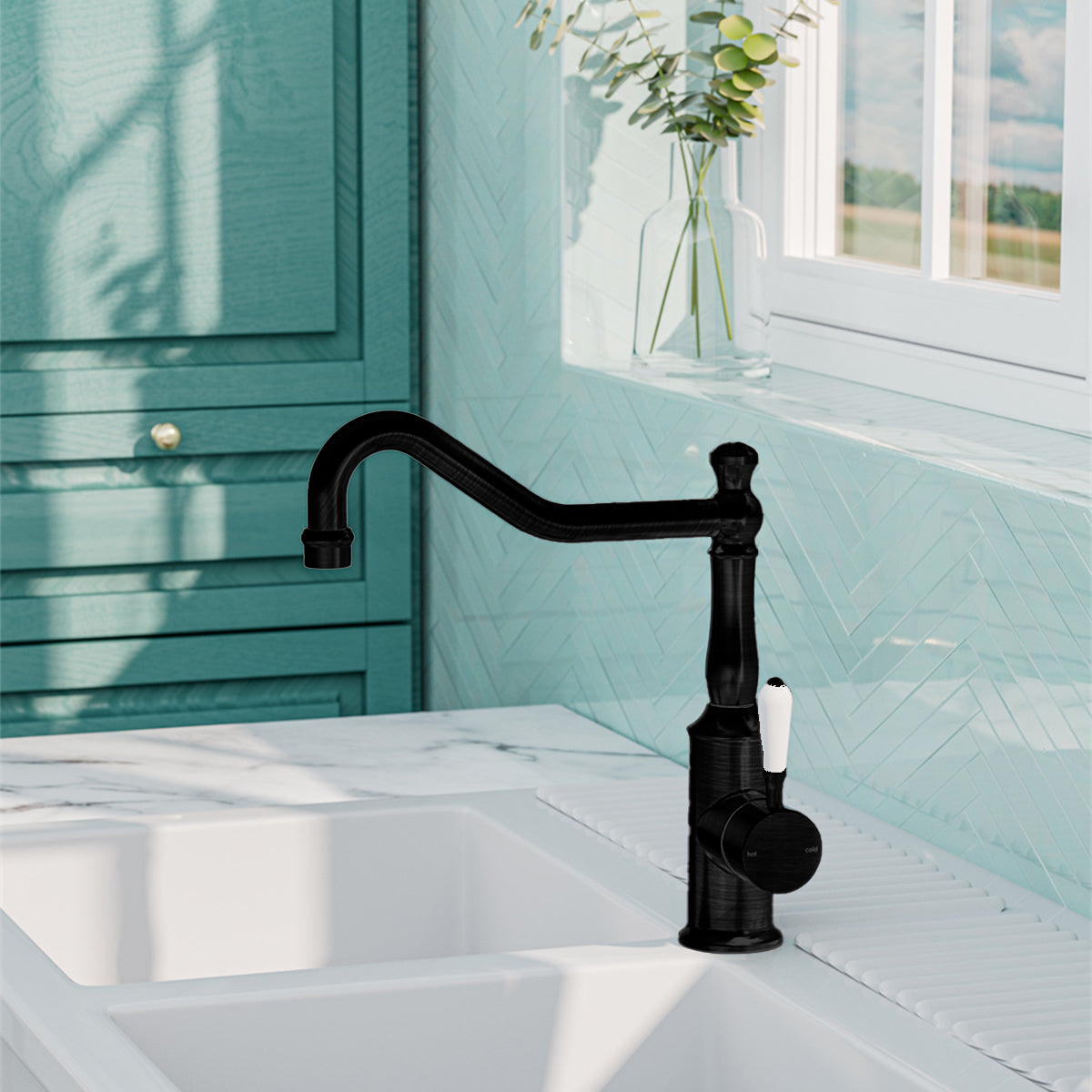 York Kitchen Mixer Hook Spout With White Porcelain Lever Matte Black