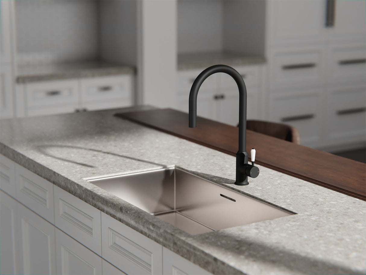 York Pull Out Sink Mixer With Vegie Spray Function With White Porcelain Lever Matte Black