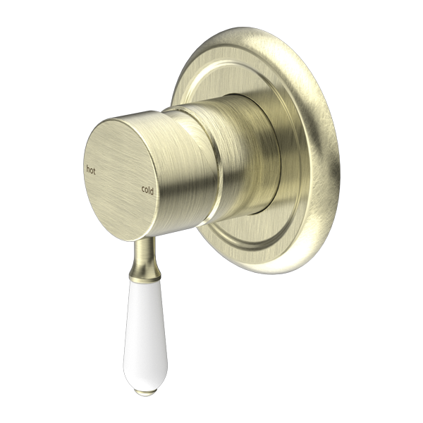 York Shower Mixer With White Porcelain Lever Aged Brass