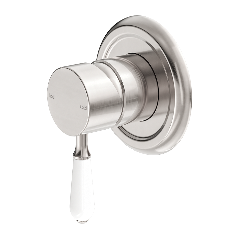 York Shower Mixer With White Porcelain Lever Brushed Nickel