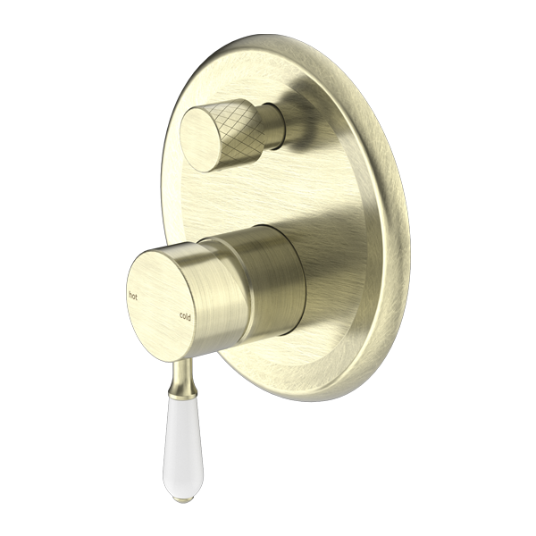 York Shower Mixer With Divertor With White Porcelain Lever Aged Brass