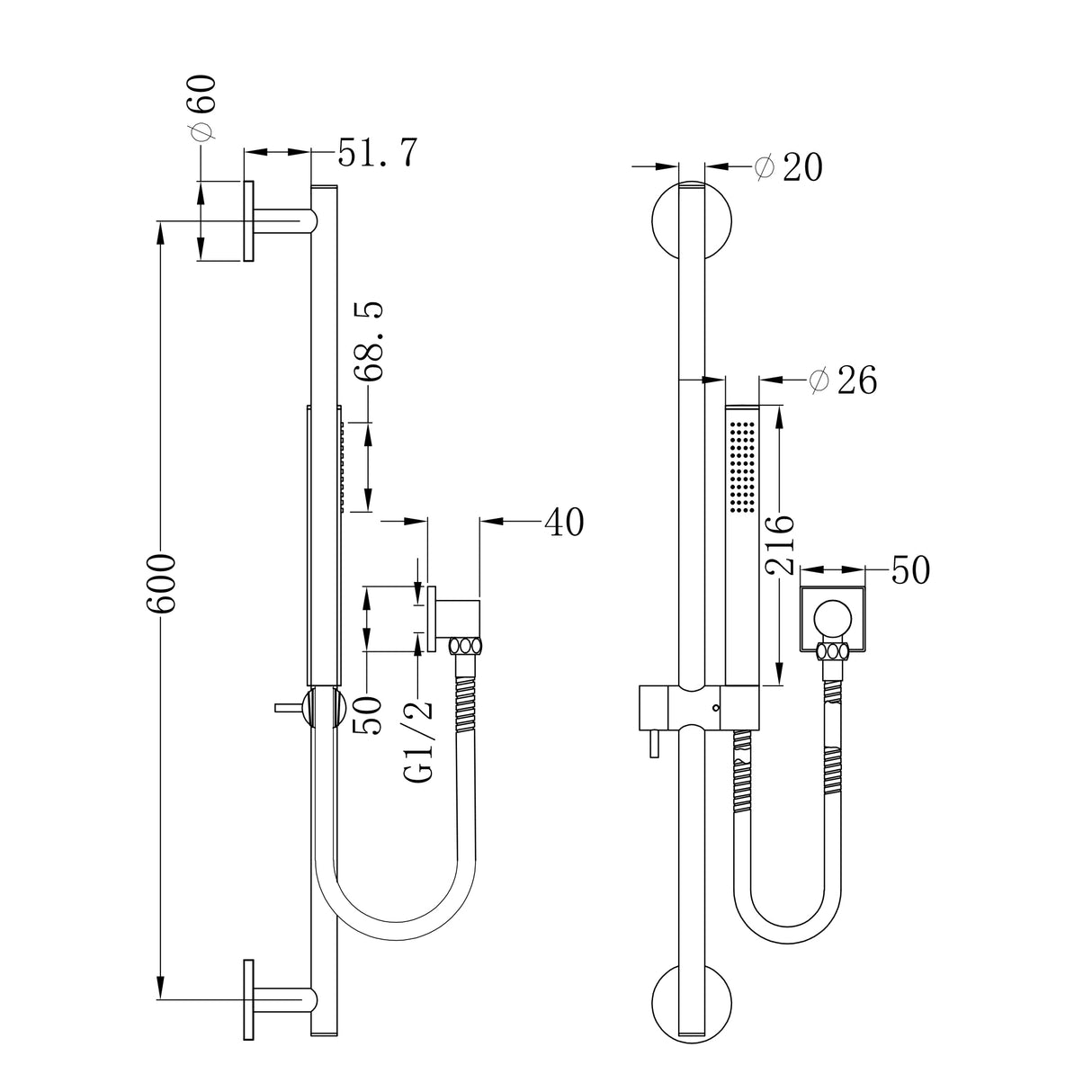 Dolce Shower Rail With Slim Hand Shower Chrome