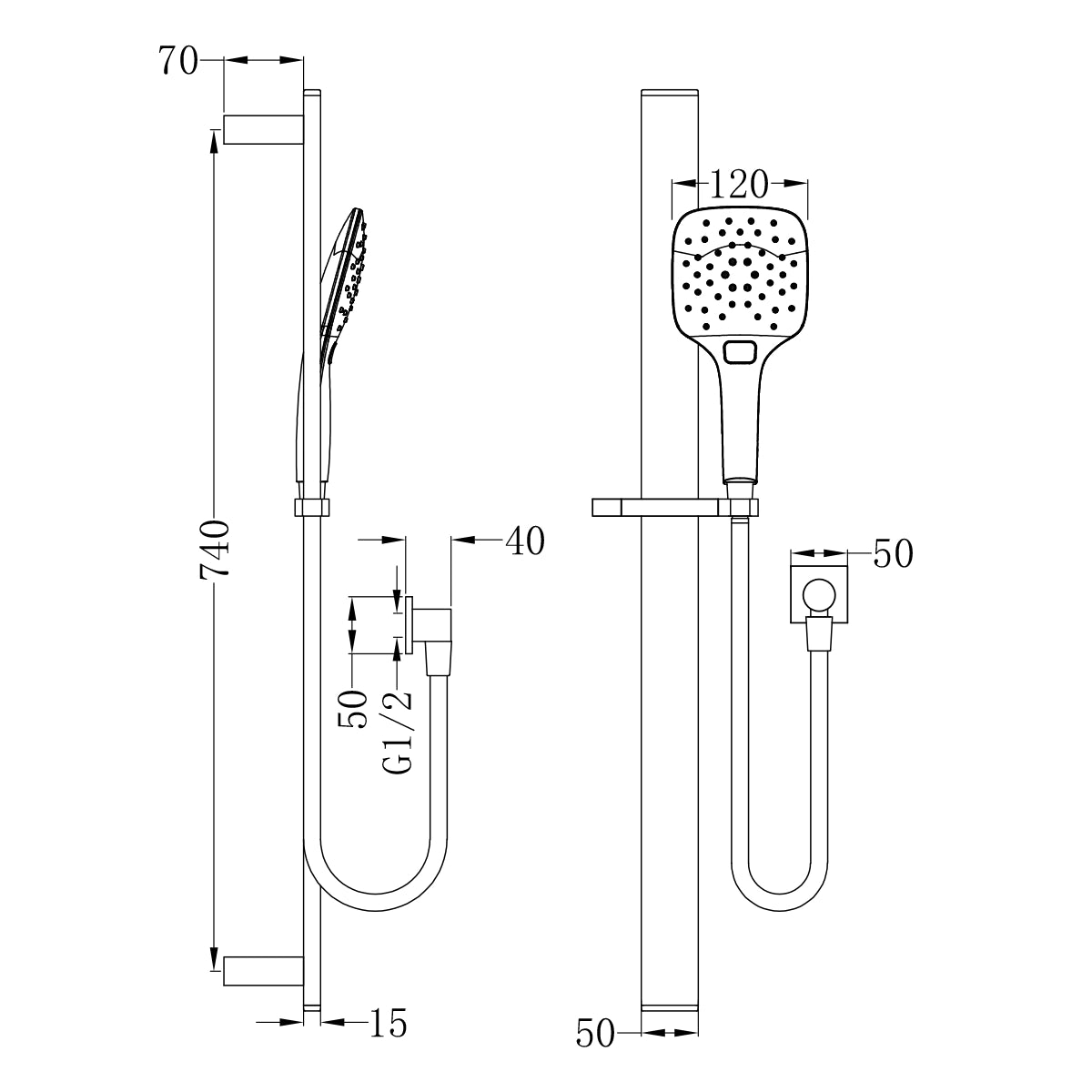 Rain Square 3 Function Shower Rail Chrome