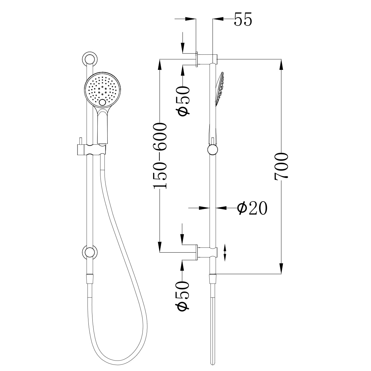3 Function Shower Rail Matte Black - Top Water Inlet