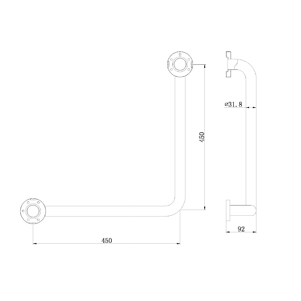 CLASSIC CARE SS304 450X450 RIGHT ANGLE GRAB BAR (CONCEALED FIXING) CHROME