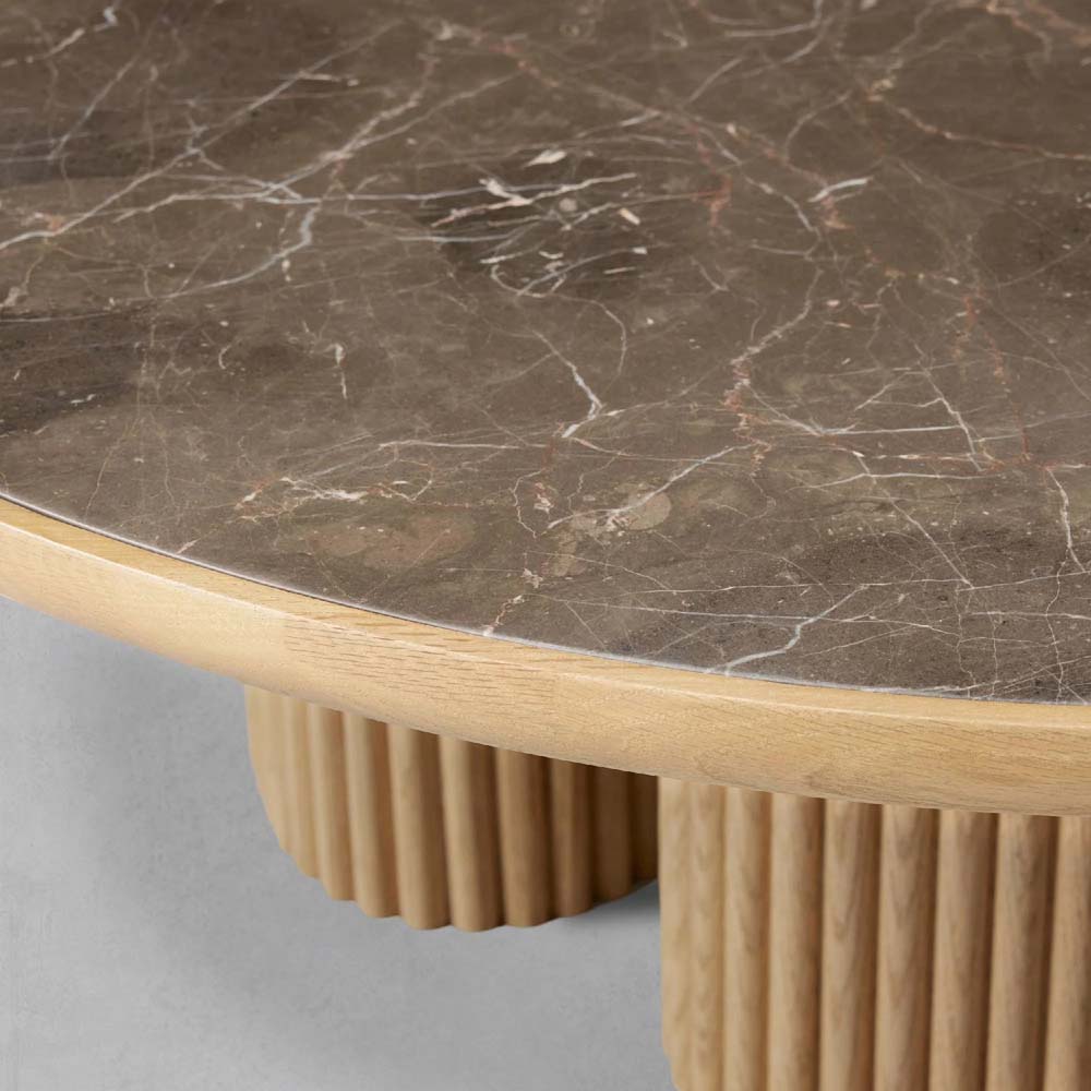 Astor Round Marble Top Coffee Table Wood Cocktail Table Reeded Oak Base Sofa Center Tea Table