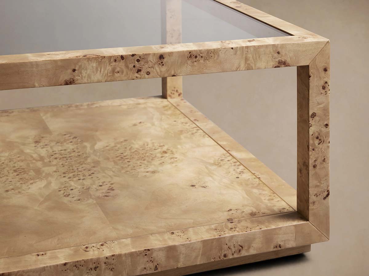 Corey Mappa Burl Wood Coffee Table Glass Tabletop Cocktail Table Rectangle Sofa Center Tea Table