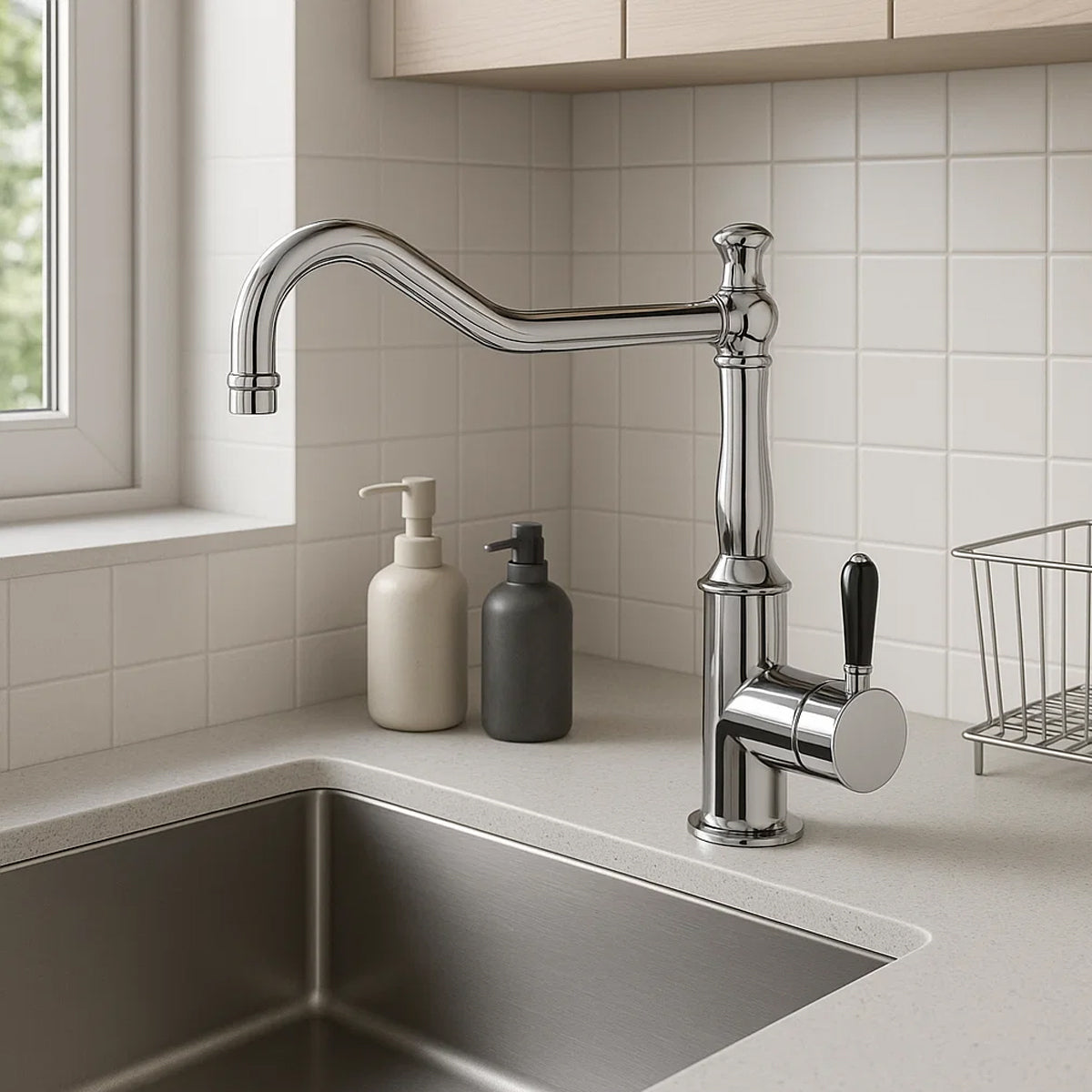 York Kitchen Mixer Hook Spout With Black Porcelain Lever Chrome