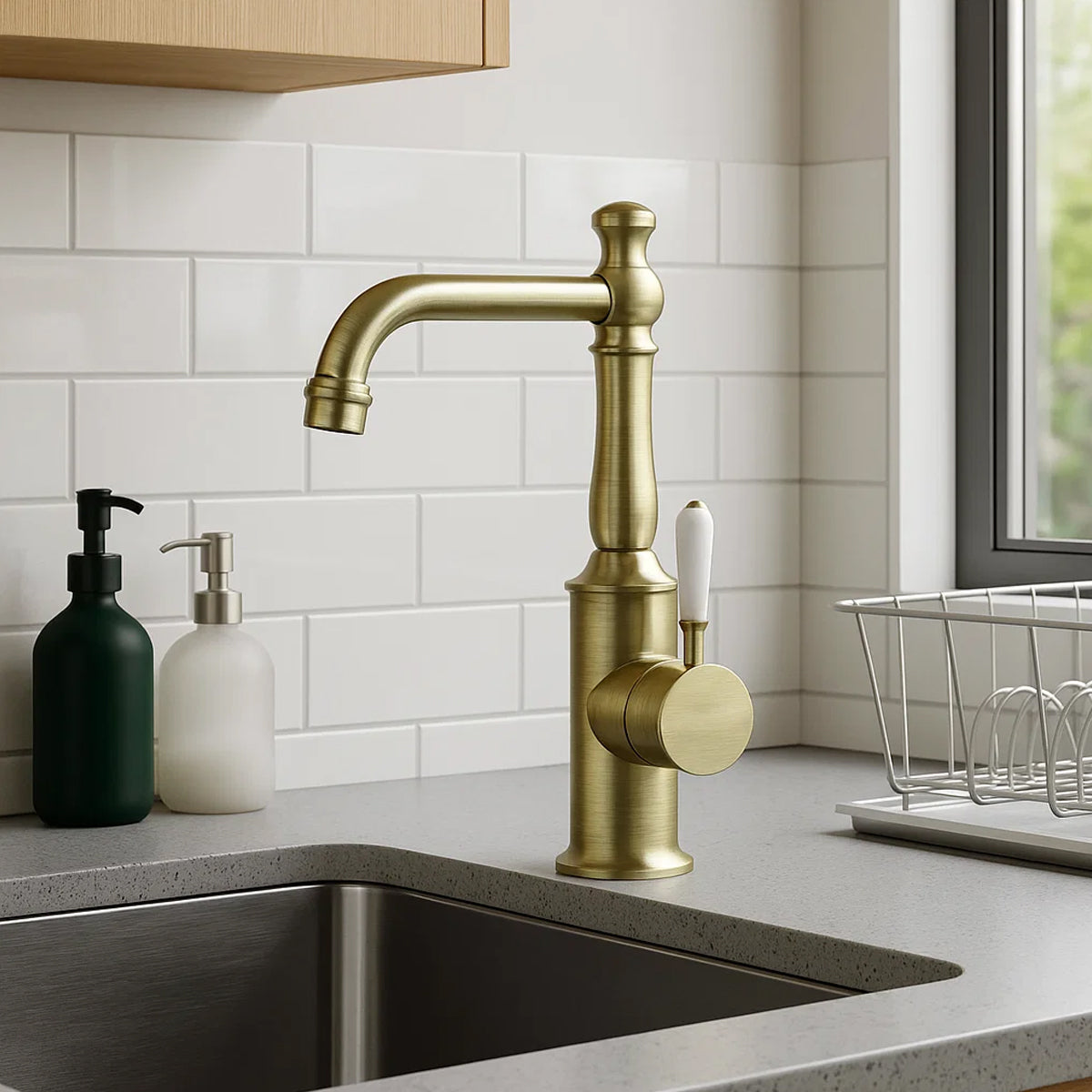 York Basin Mixer With White Porcelain Lever Aged Brass