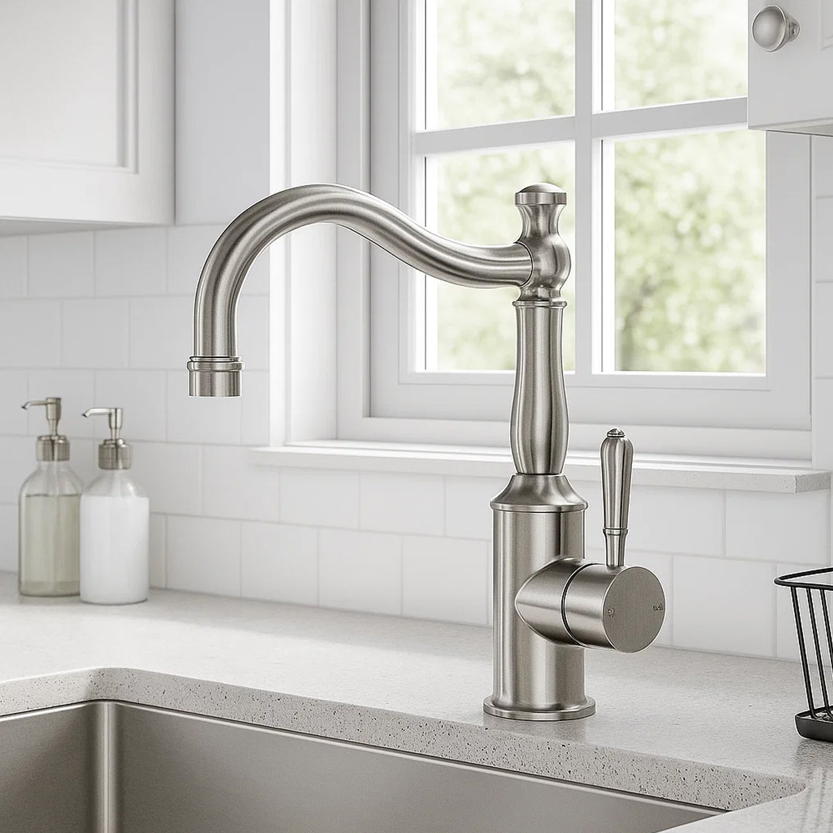 York Basin Mixer Hook Spout With Metal Lever Brushed Nickel