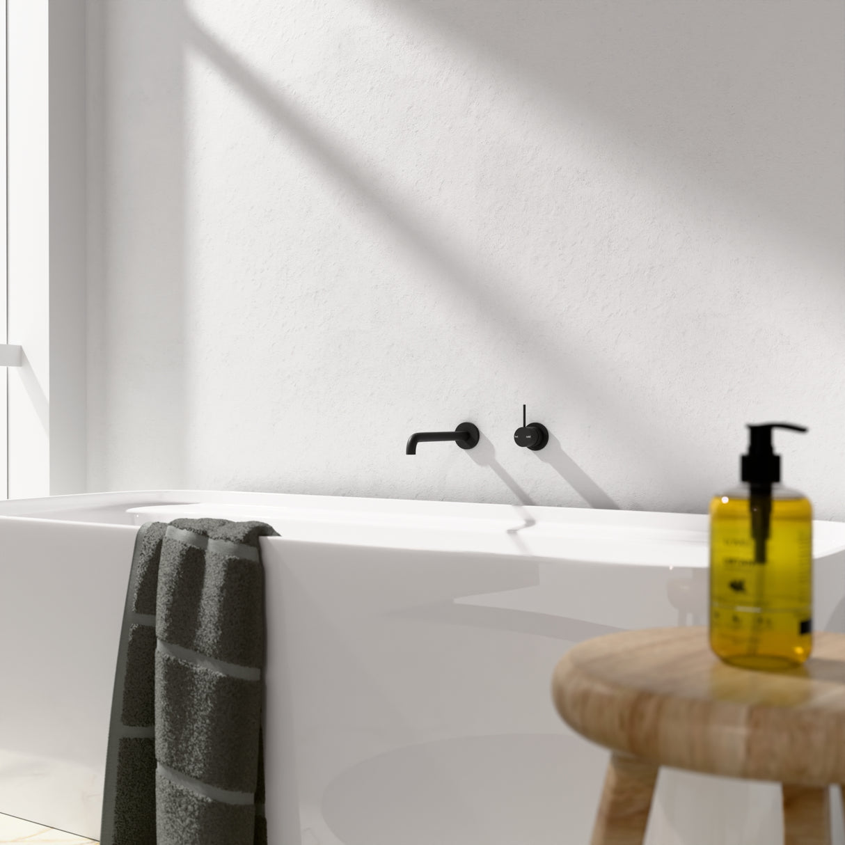 Mecca Wall Basin Mixer Separate Back Plate Handle Up 185mm Spout Matte Black