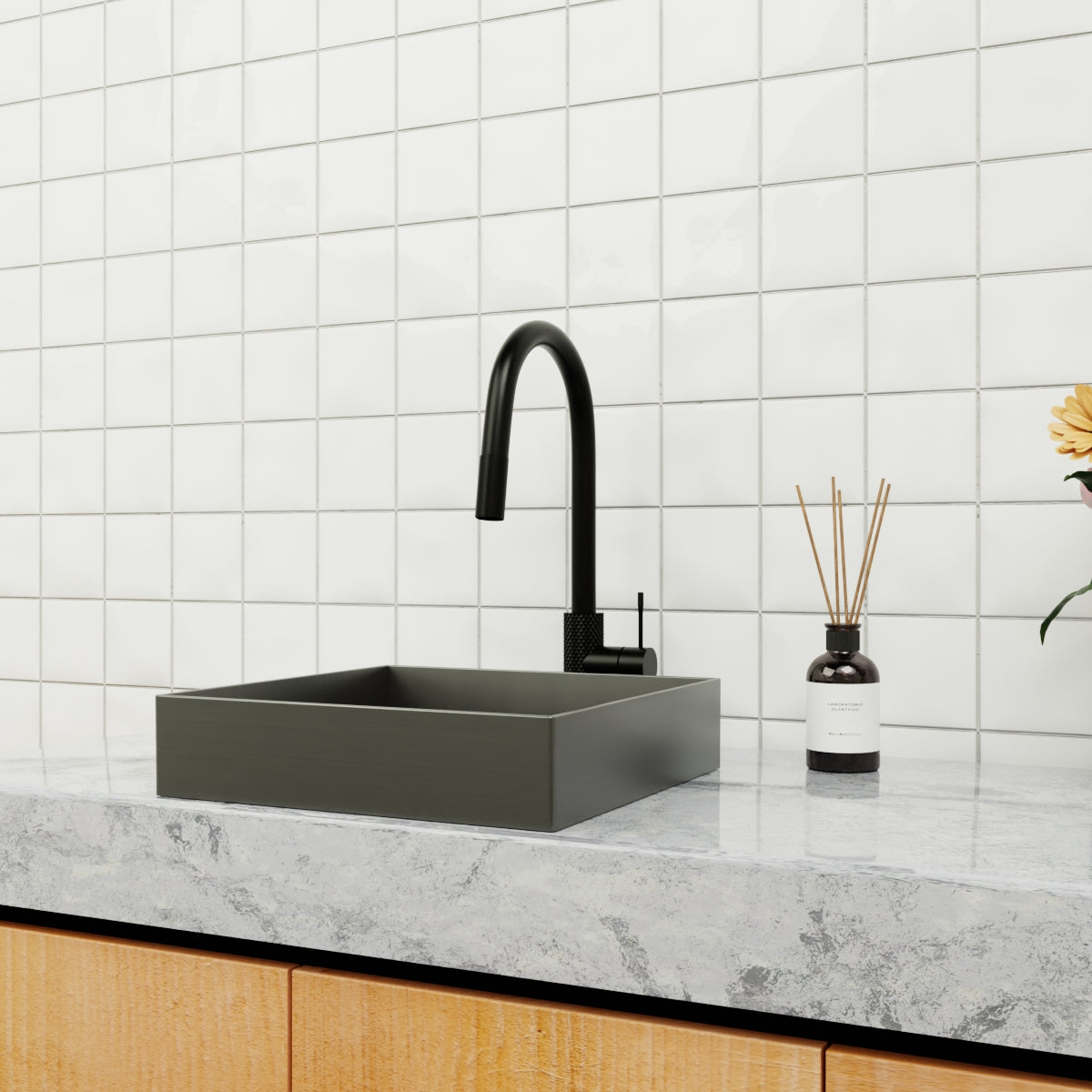 OPAL SQUARE 400MM STAINLESS STEEL BASIN GRAPHITE